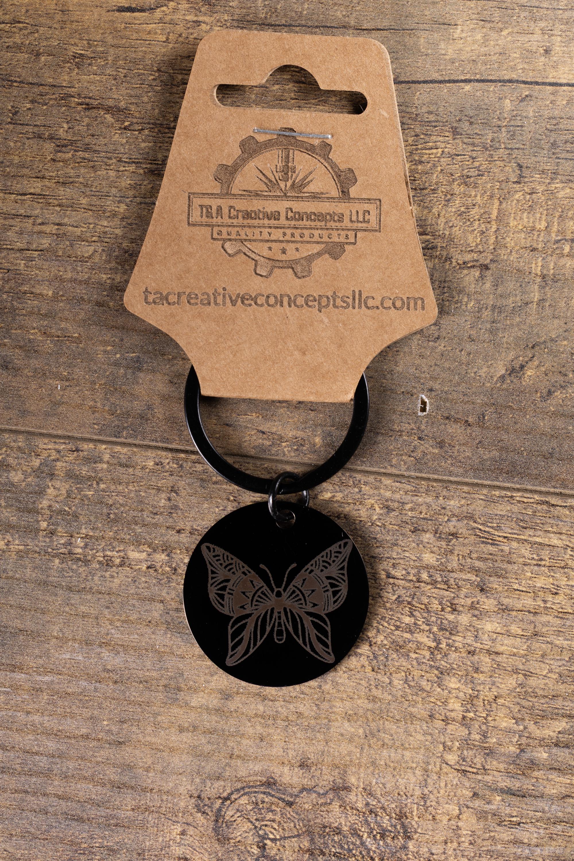 Black stainless steel butterfly keychain – laser engraved insect gift for her – nature lover metal key ring