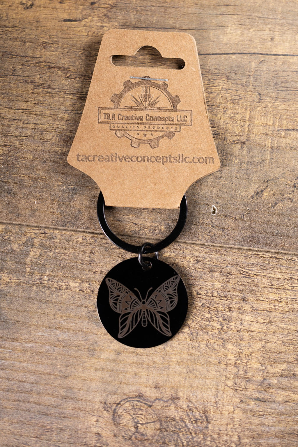 Black stainless steel butterfly keychain – laser engraved insect gift for her – nature lover metal key ring