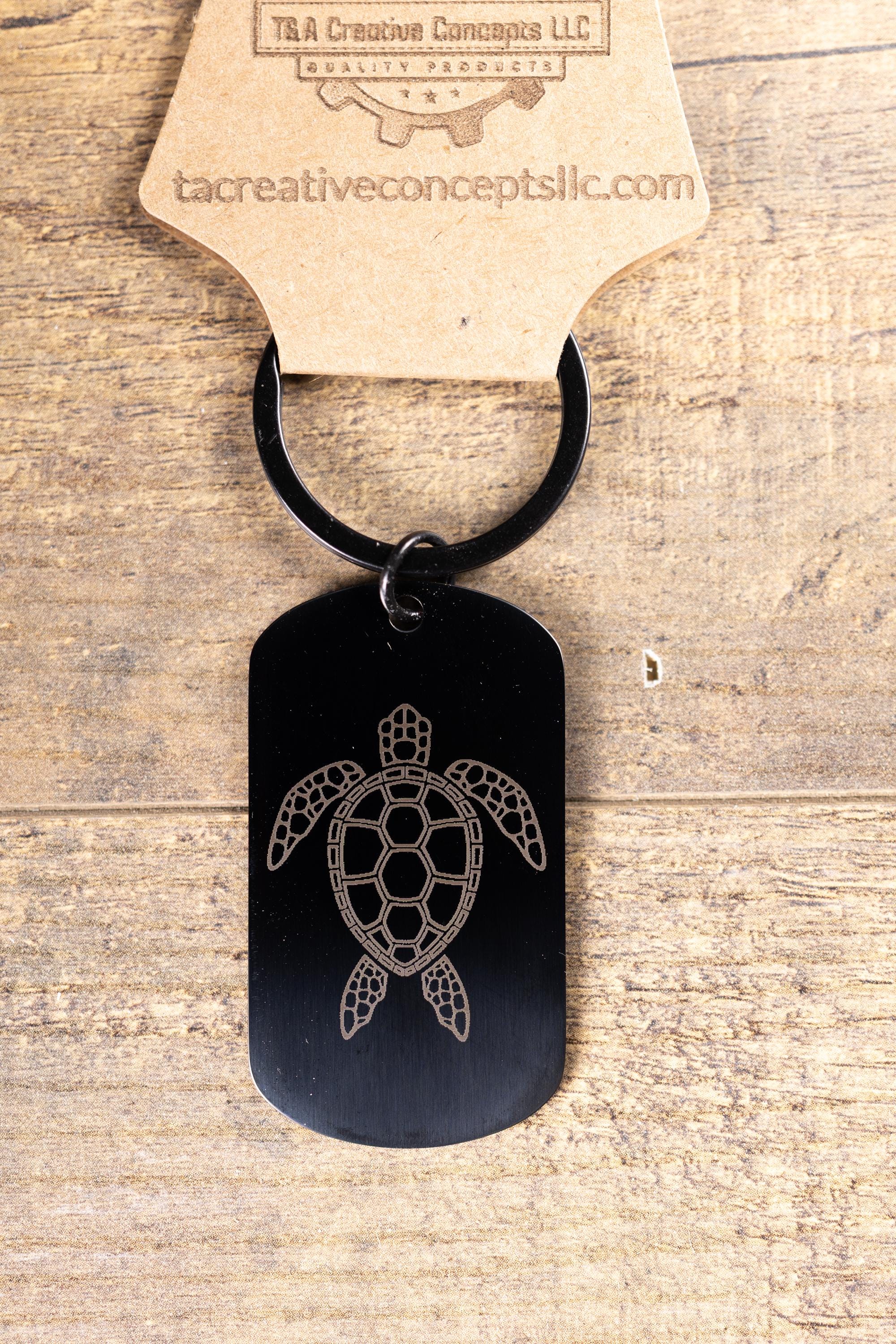 Black stainless steel sea turtle keychain – laser engraved ocean turtle gift for her or him – marine life metal key ring