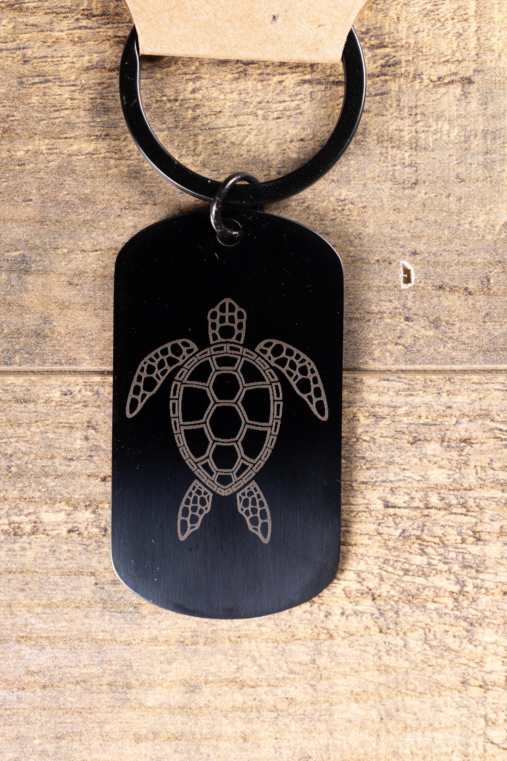Black stainless steel sea turtle keychain – laser engraved ocean turtle gift for her or him – marine life metal key ring