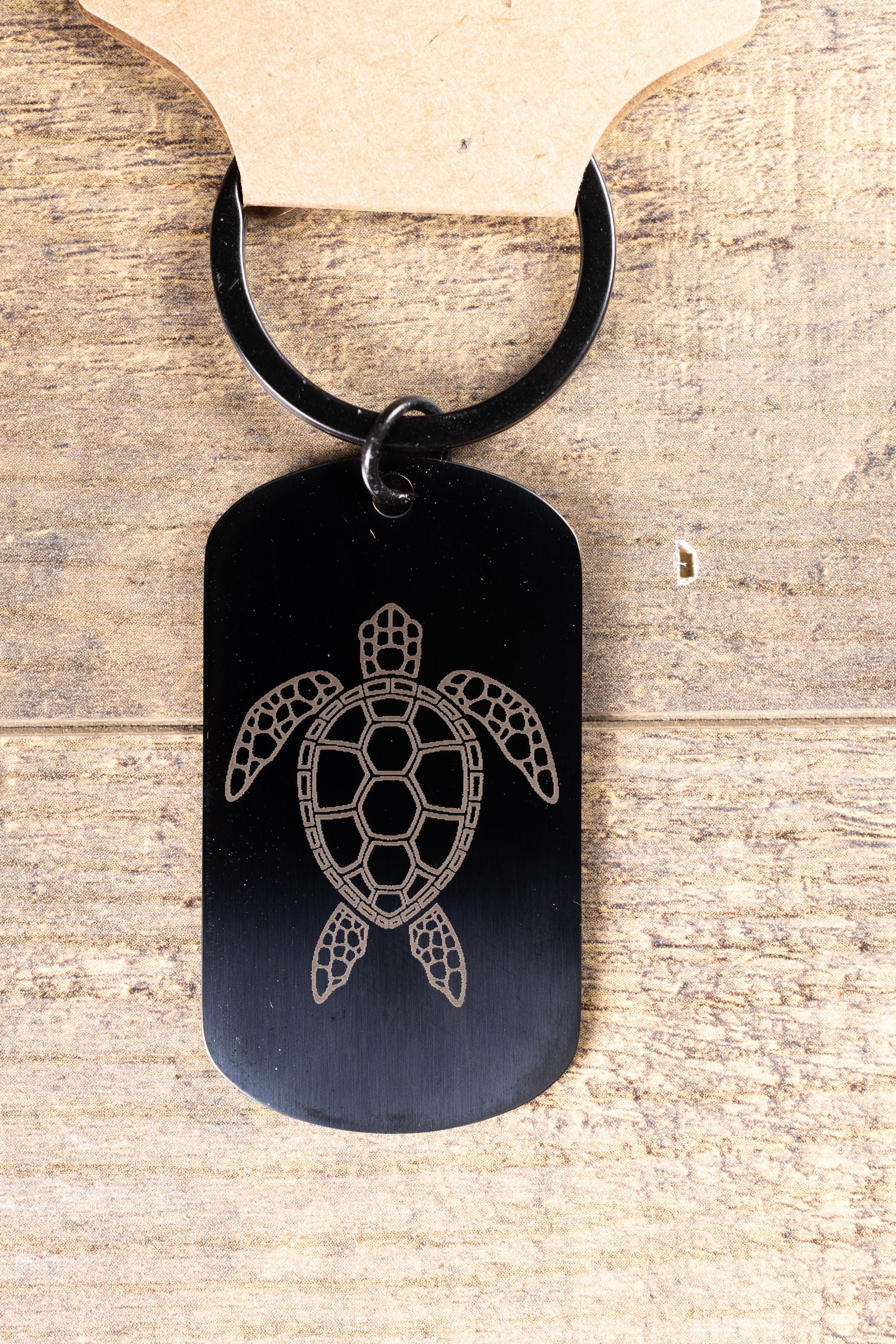 Black stainless steel sea turtle keychain – laser engraved ocean turtle gift for her or him – marine life metal key ring