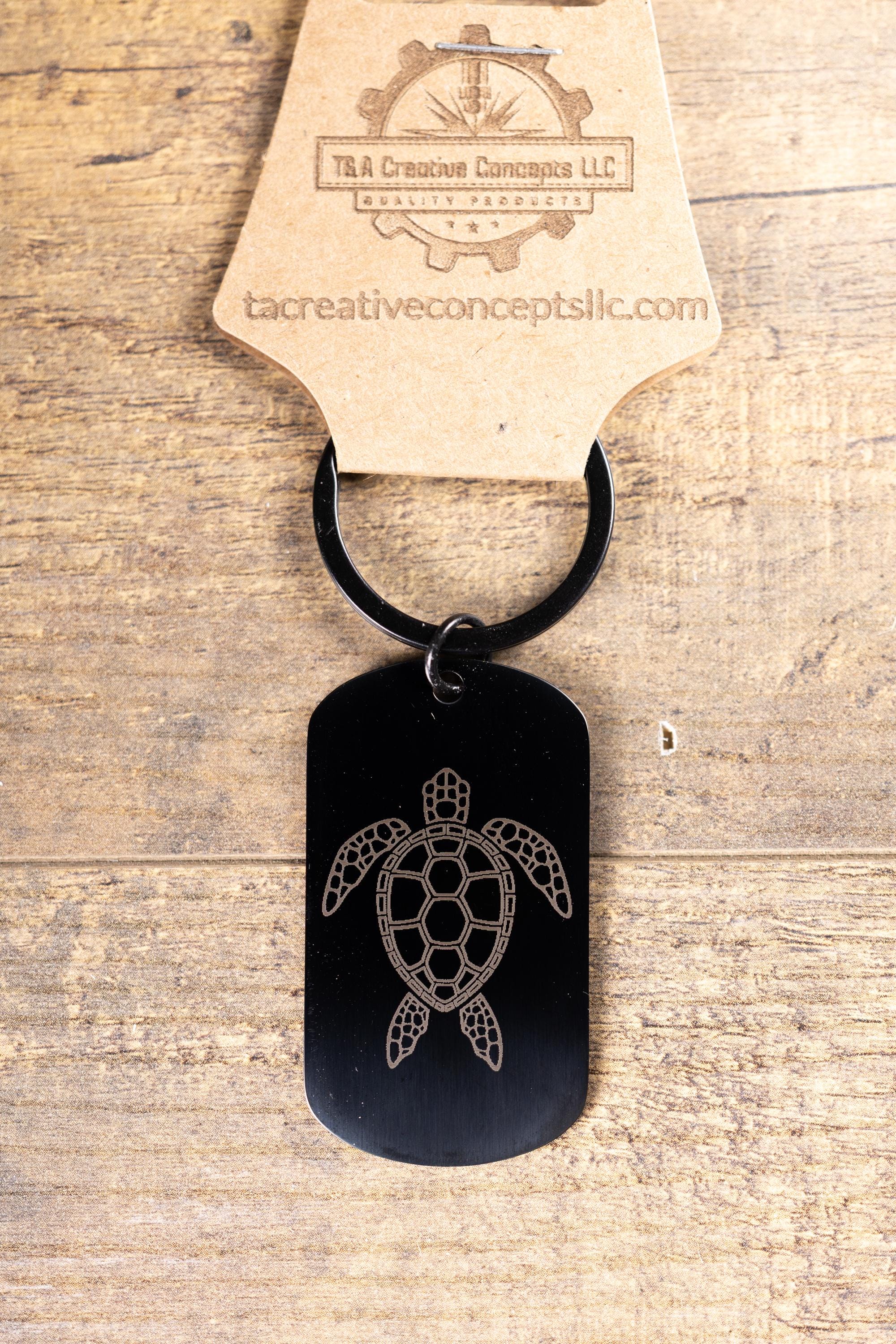 Black stainless steel sea turtle keychain – laser engraved ocean turtle gift for her or him – marine life metal key ring