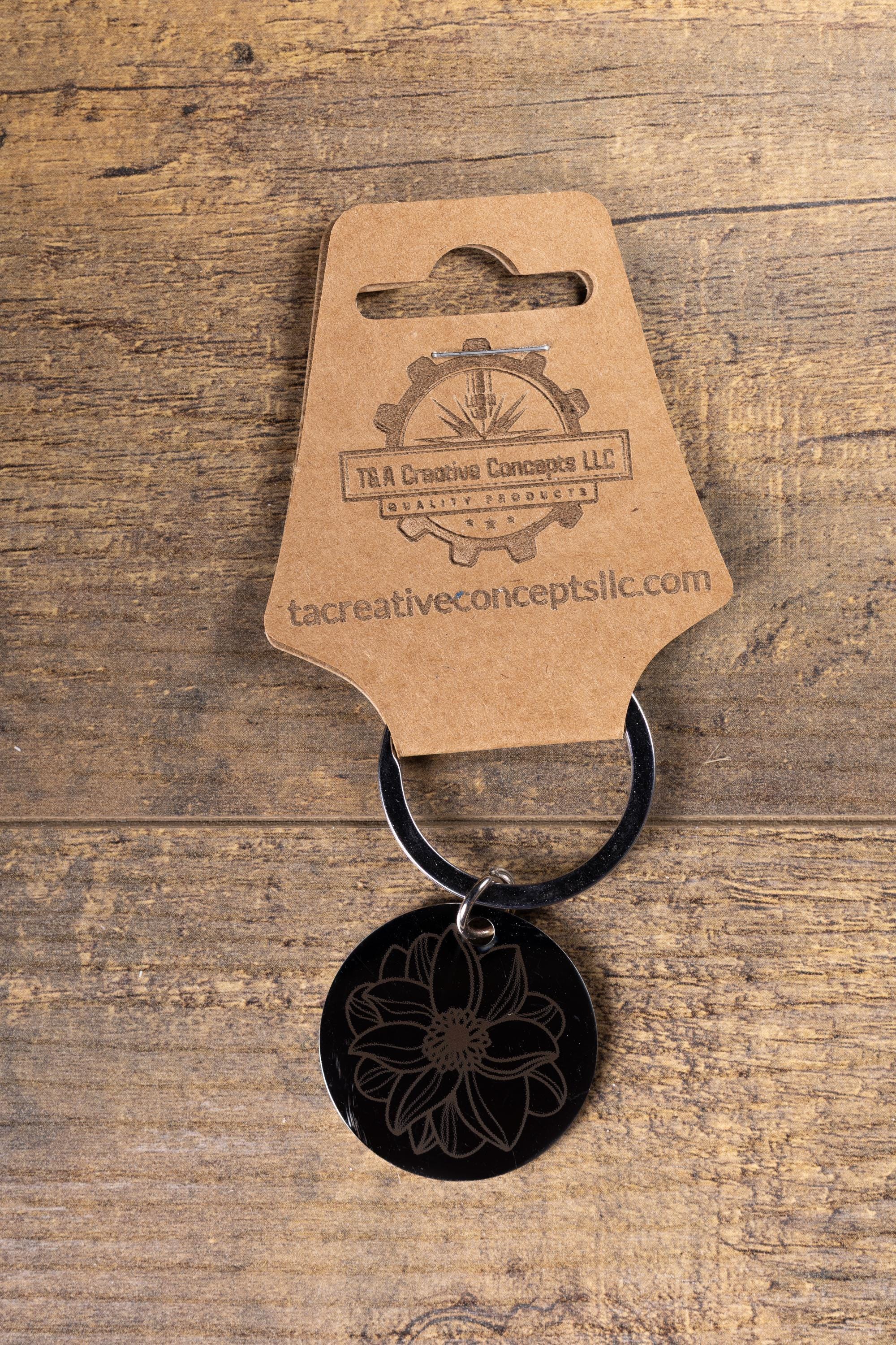 Black stainless steel mandala flower keychain | laser engraved metal | same image both sides | durable spiritual gift
