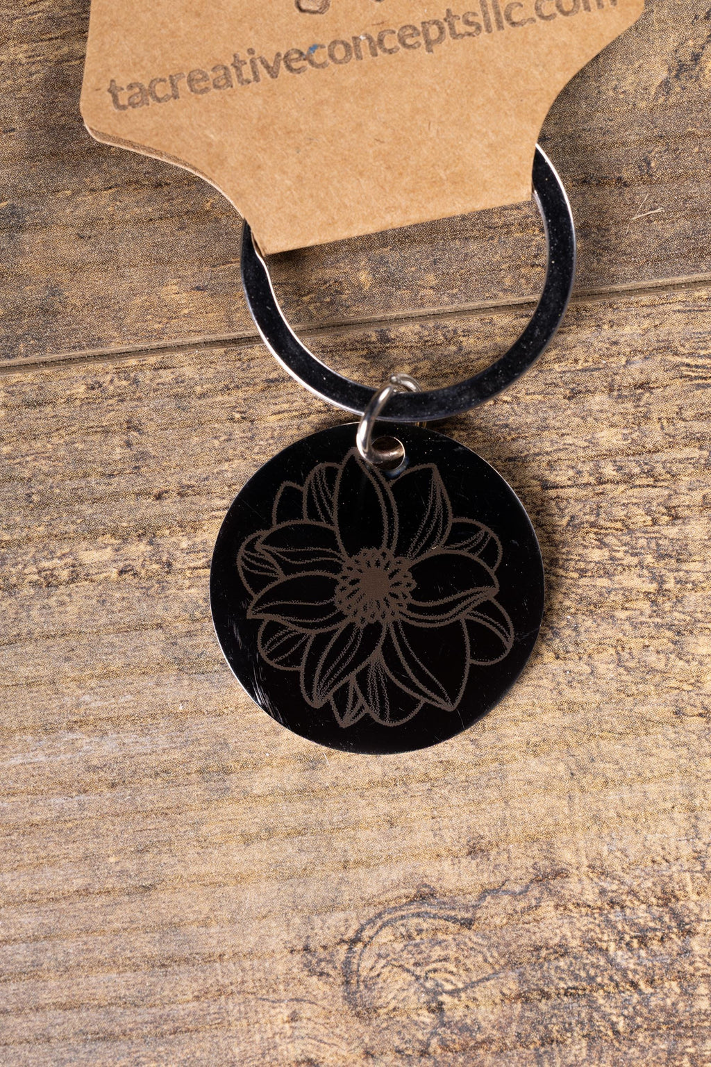 Black stainless steel mandala flower keychain | laser engraved metal | same image both sides | durable spiritual gift