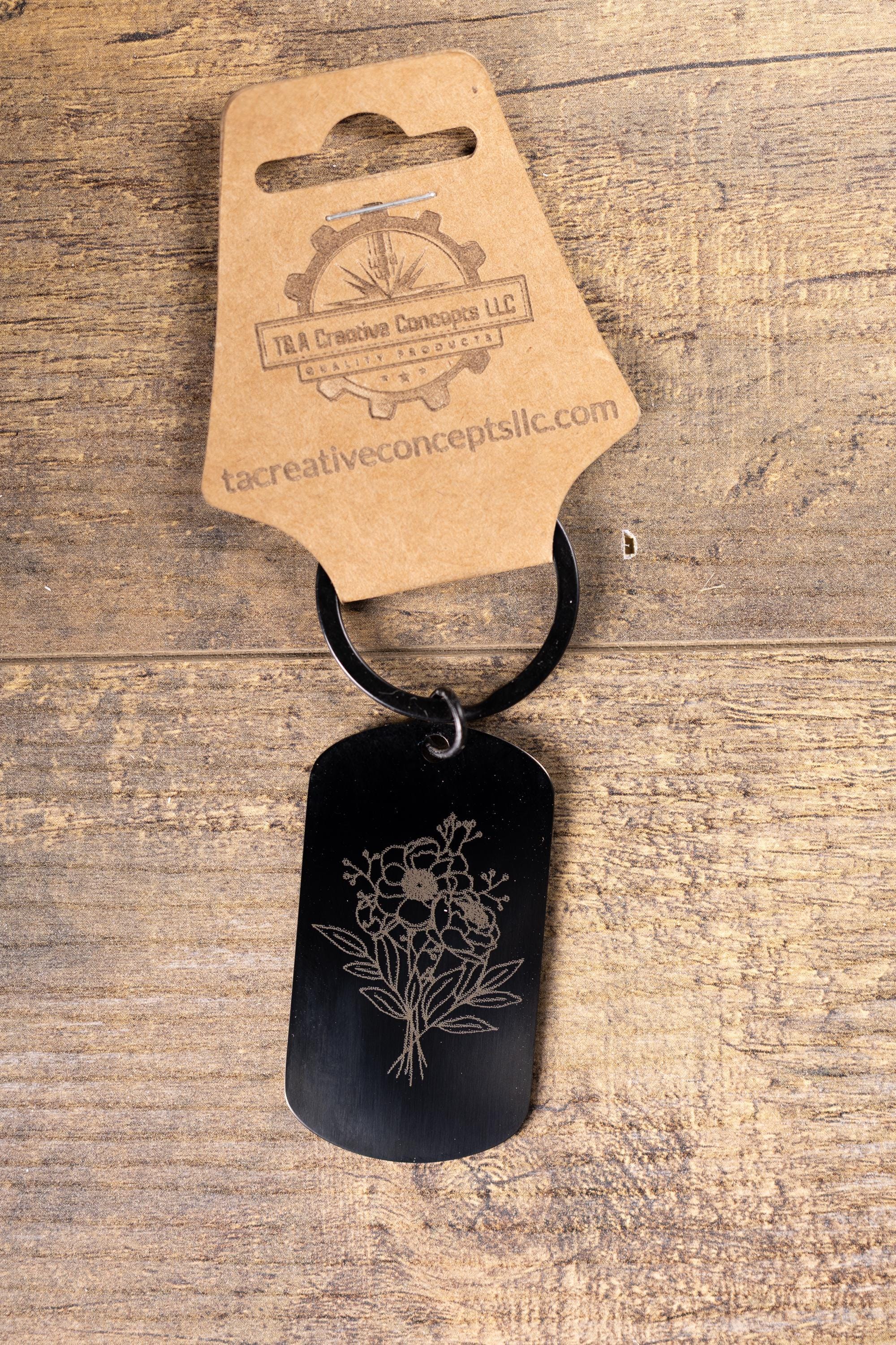 Black stainless steel floral bunch keychain | laser engraved metal | same image both sides | elegant durable gift