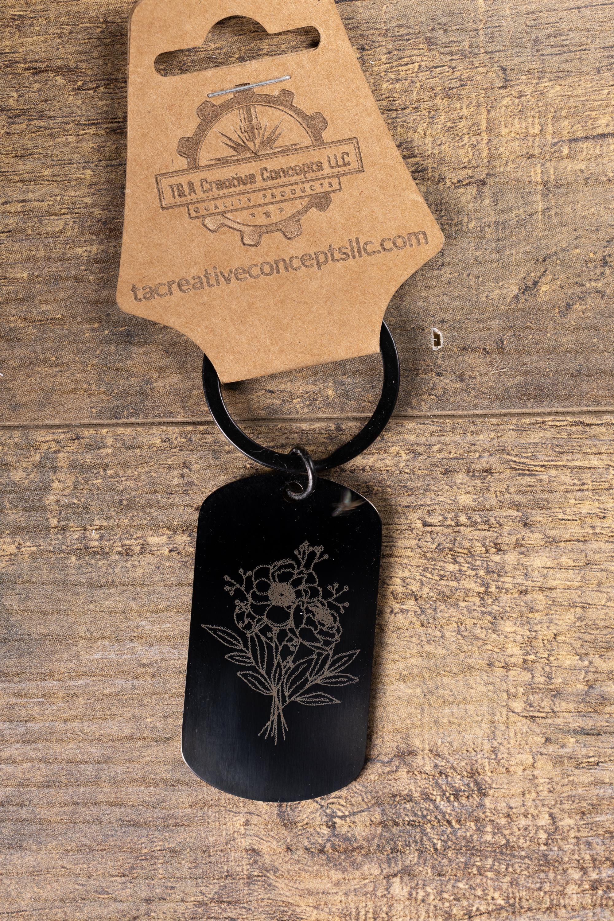 Black stainless steel floral bunch keychain | laser engraved metal | same image both sides | elegant durable gift