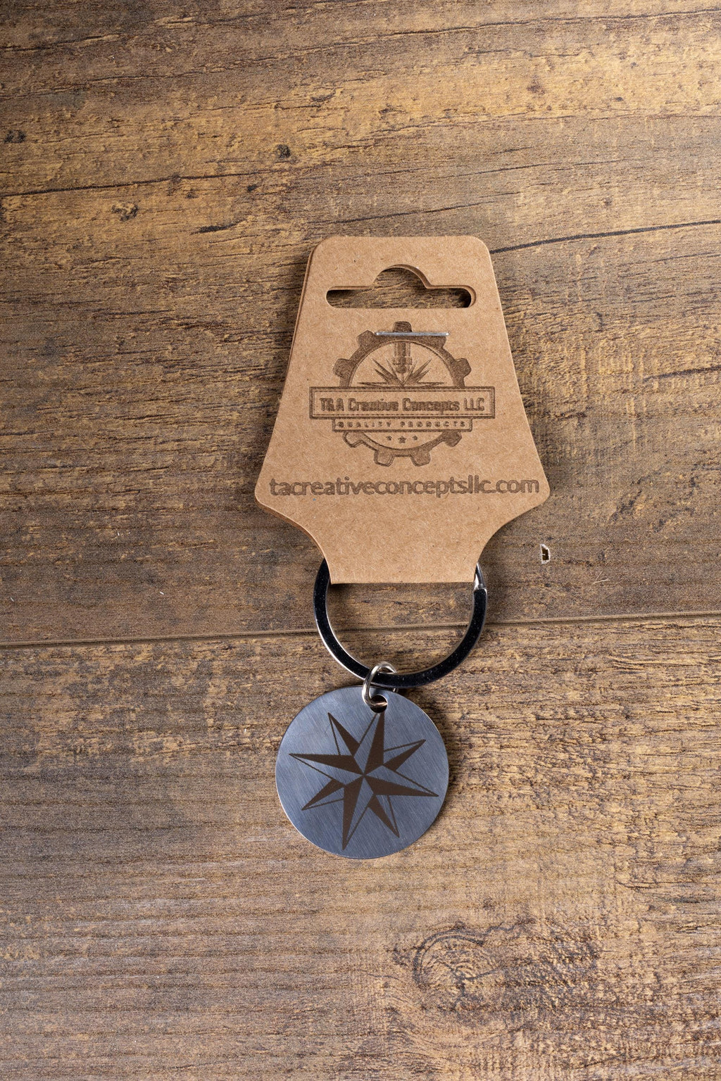 Polished stainless steel nautical star keychain | laser engraved metal | same image both sides | durable gift