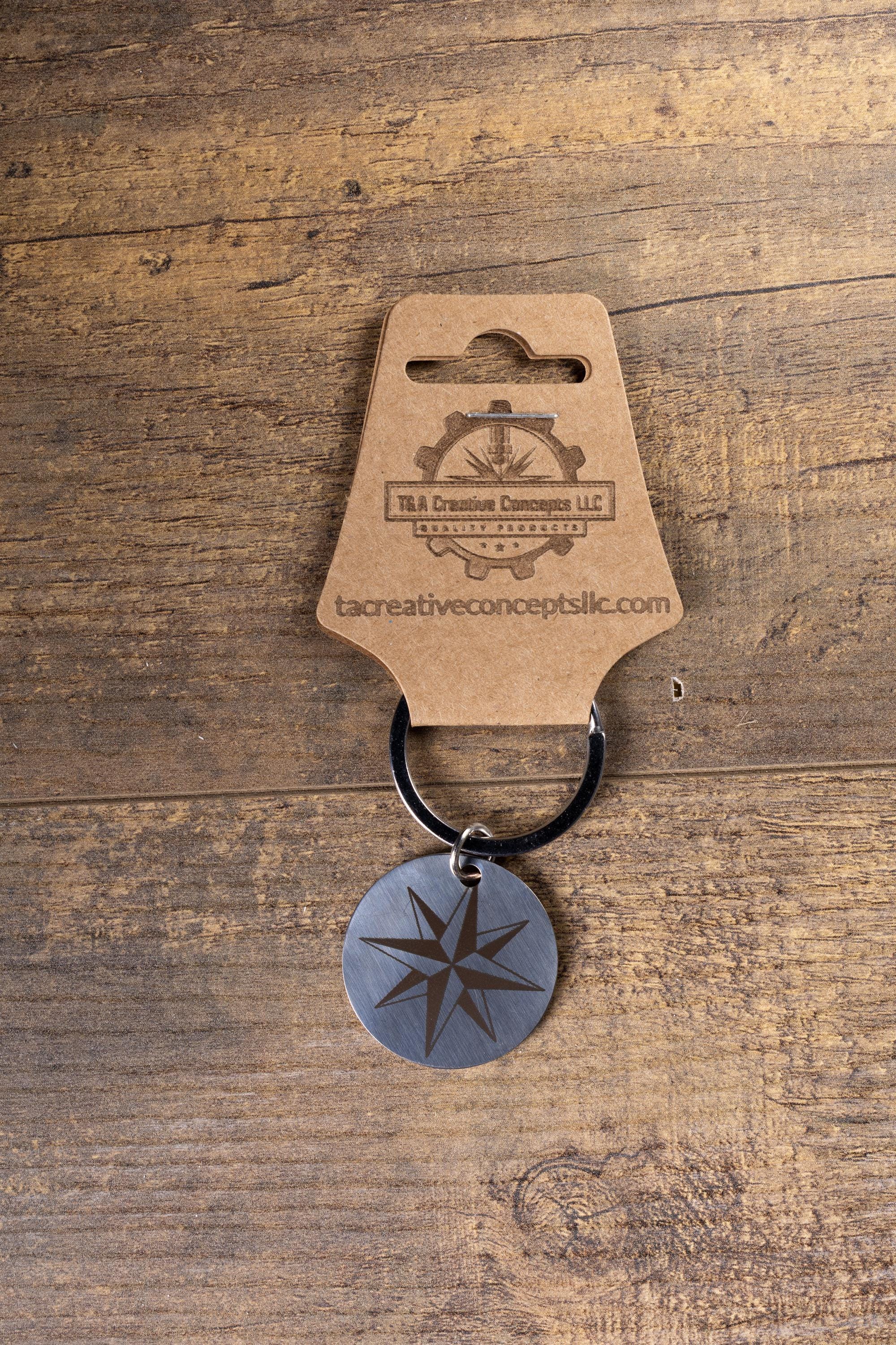 Polished stainless steel nautical star keychain | laser engraved metal | same image both sides | durable gift