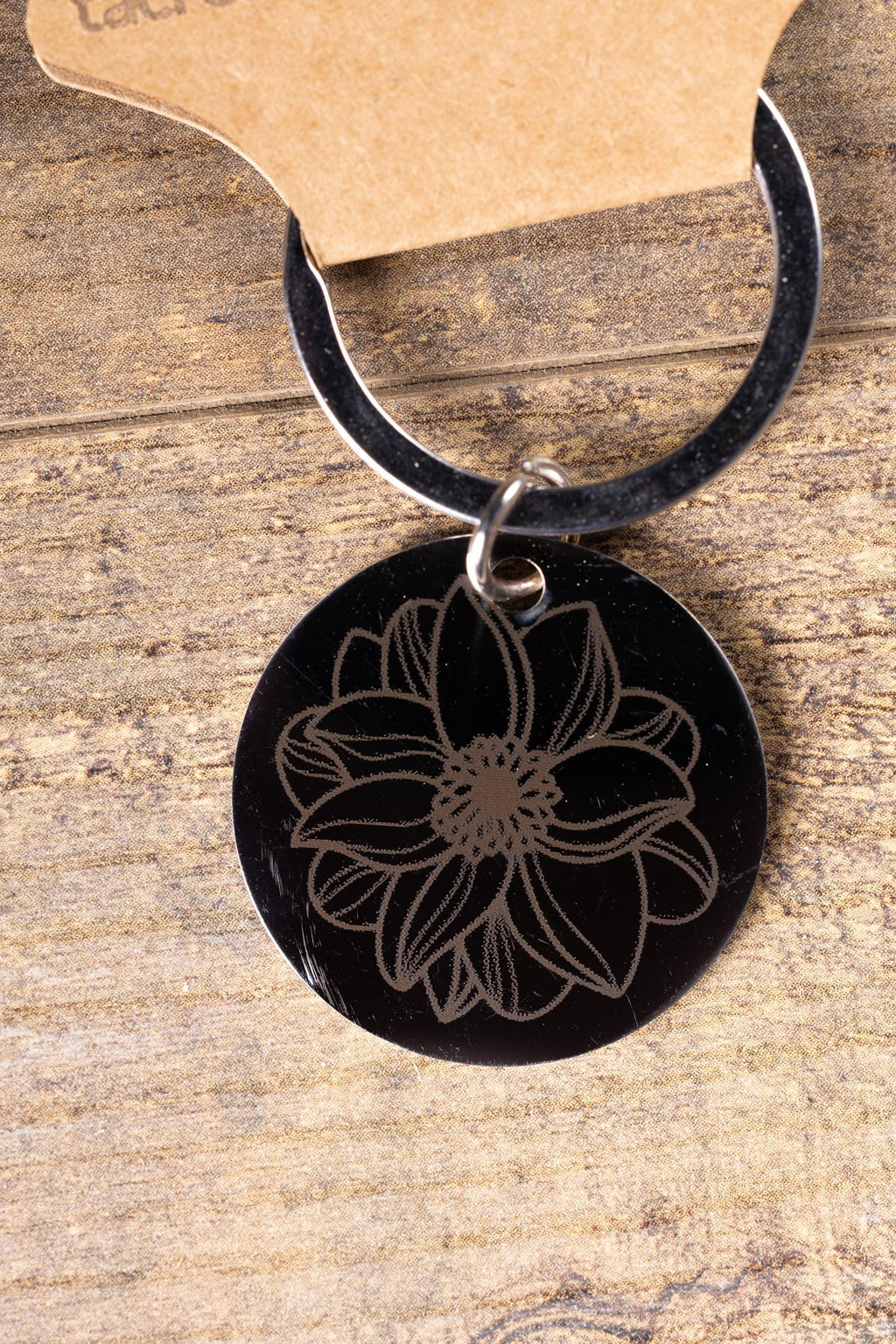 Black stainless steel mandala flower keychain | laser engraved metal | same image both sides | durable spiritual gift