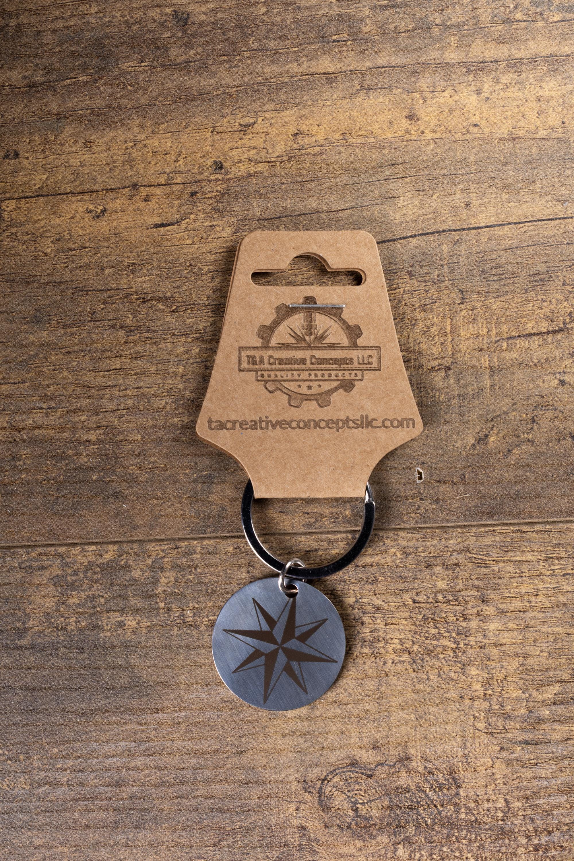 Polished stainless steel nautical star keychain | laser engraved metal | same image both sides | durable gift