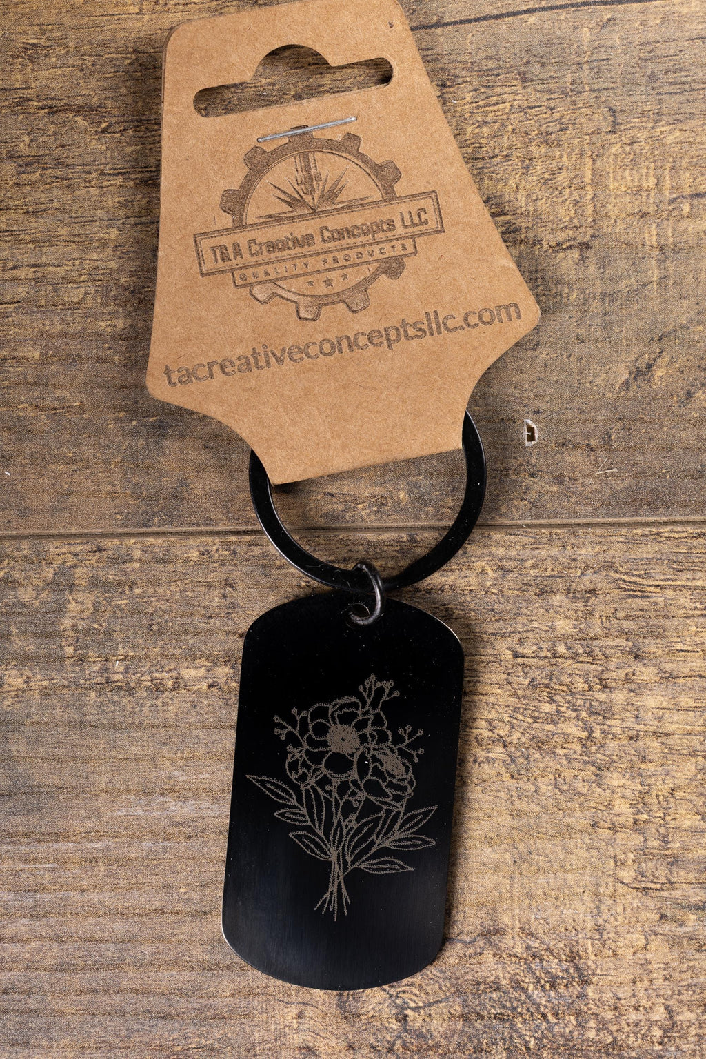 Black stainless steel floral bunch keychain | laser engraved metal | same image both sides | elegant durable gift