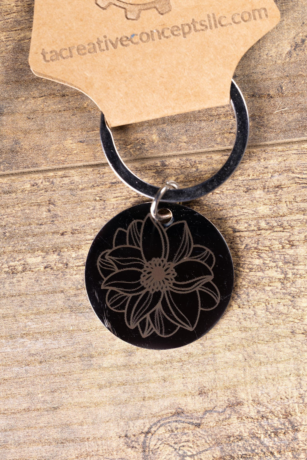 Black stainless steel mandala flower keychain | laser engraved metal | same image both sides | durable spiritual gift