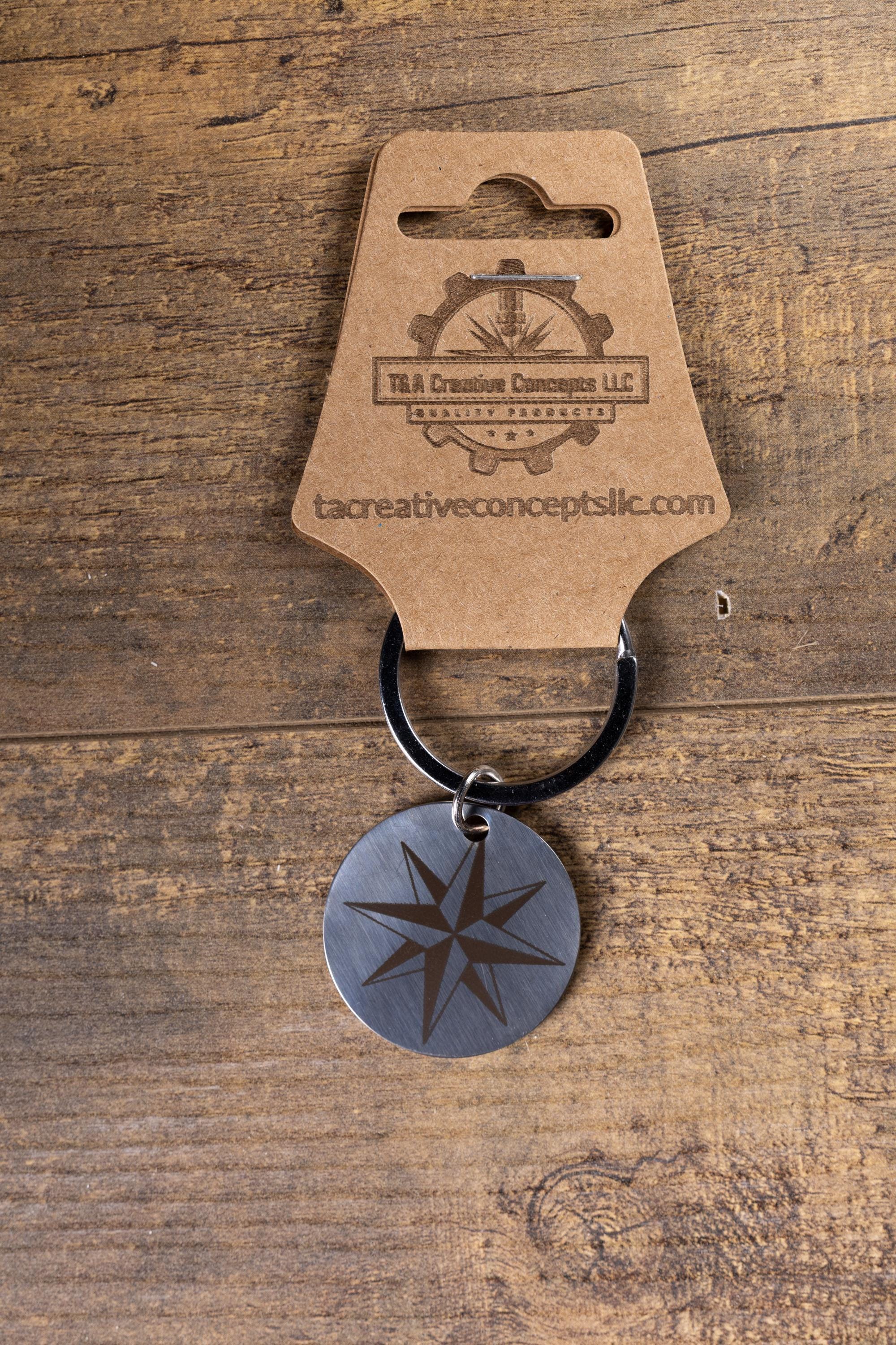 Polished stainless steel nautical star keychain | laser engraved metal | same image both sides | durable gift