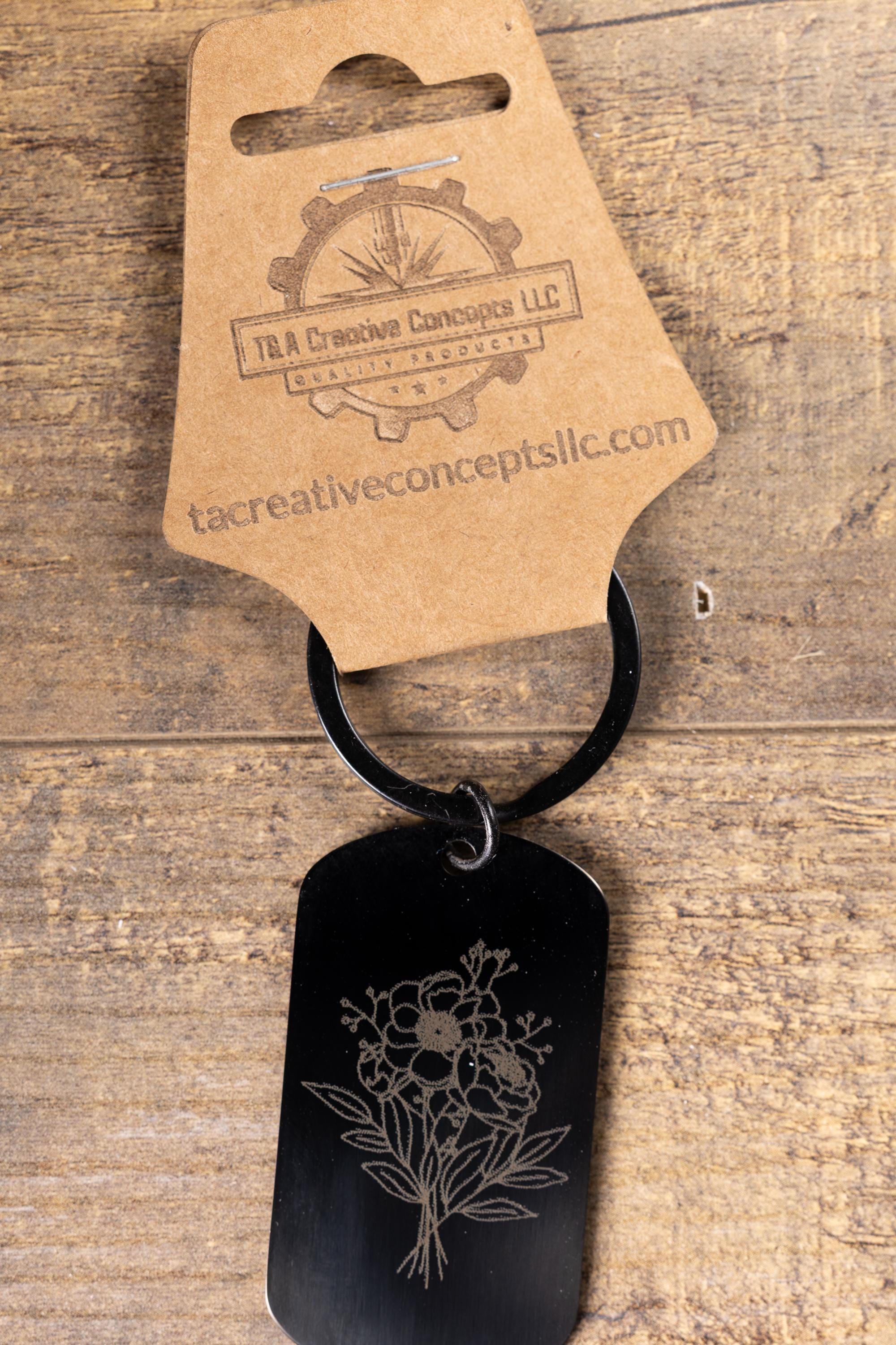 Black stainless steel floral bunch keychain | laser engraved metal | same image both sides | elegant durable gift