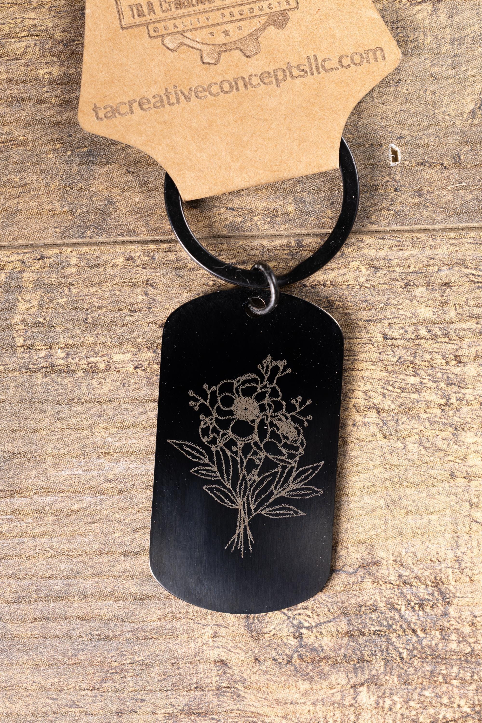 Black stainless steel floral bunch keychain | laser engraved metal | same image both sides | elegant durable gift