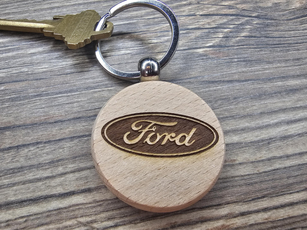 Laser Engraved Ford Keychain / Bag Charm: hardwood & stainless steel keyring