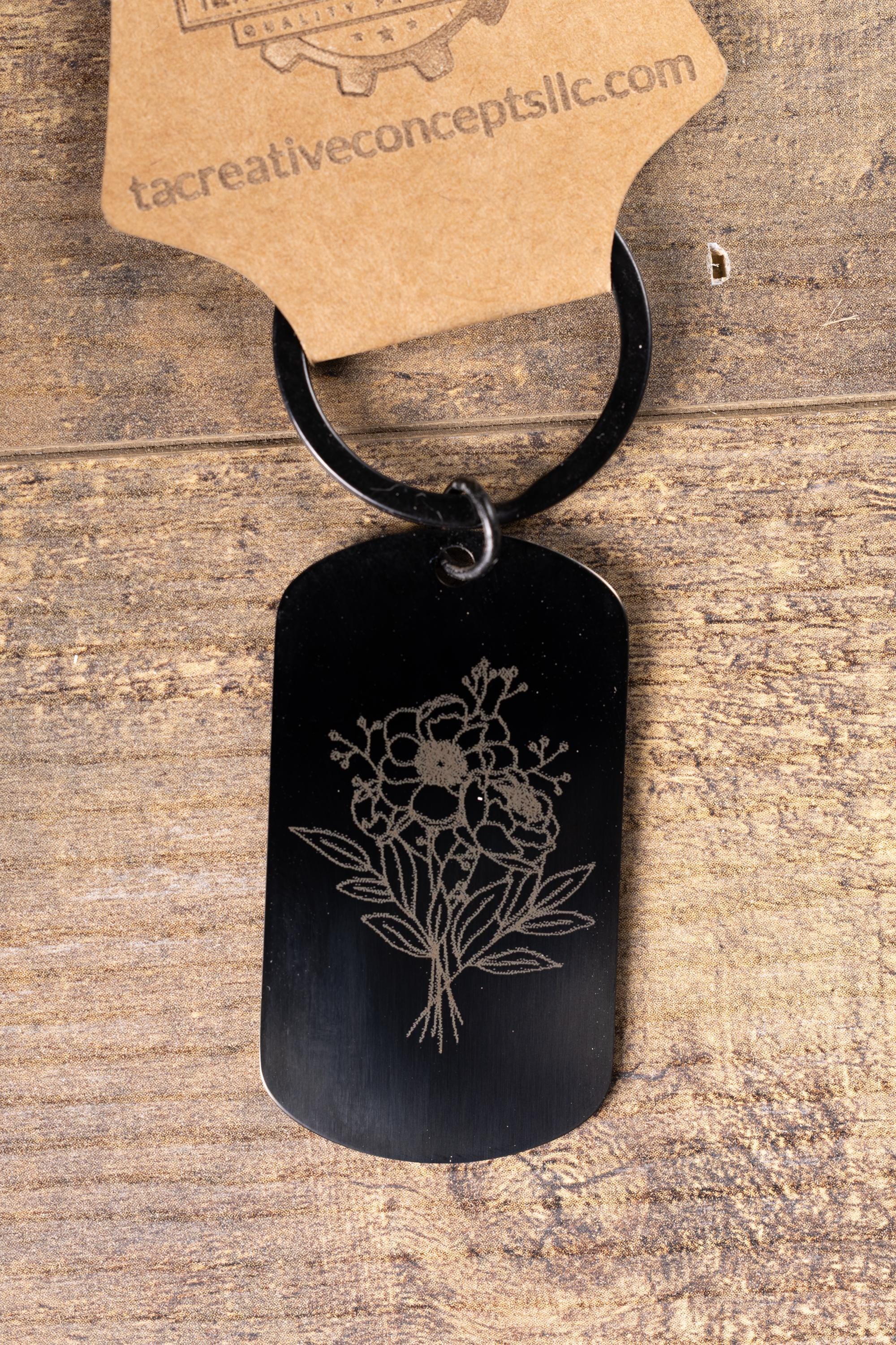 Black stainless steel floral bunch keychain | laser engraved metal | same image both sides | elegant durable gift