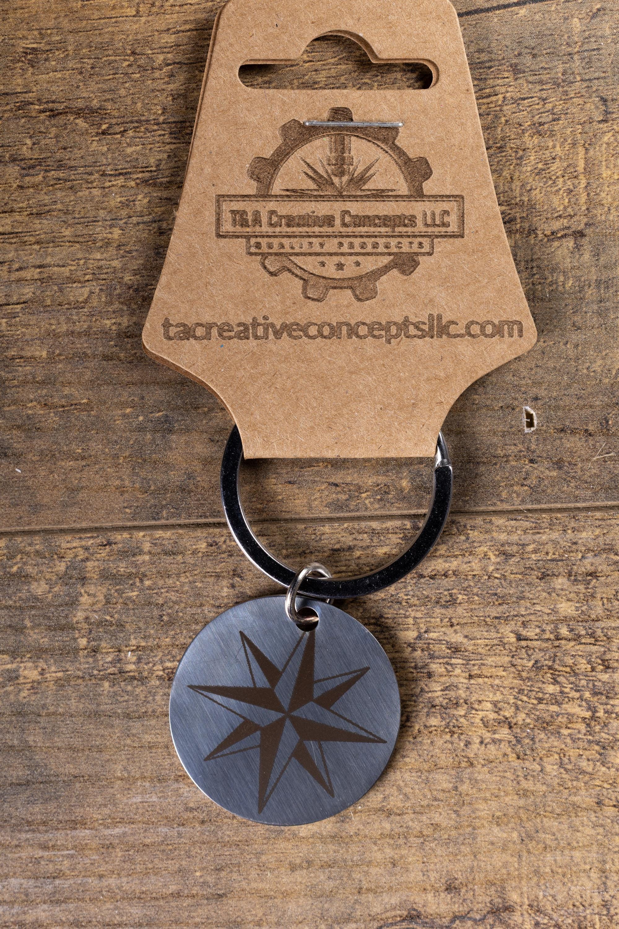 Polished stainless steel nautical star keychain | laser engraved metal | same image both sides | durable gift