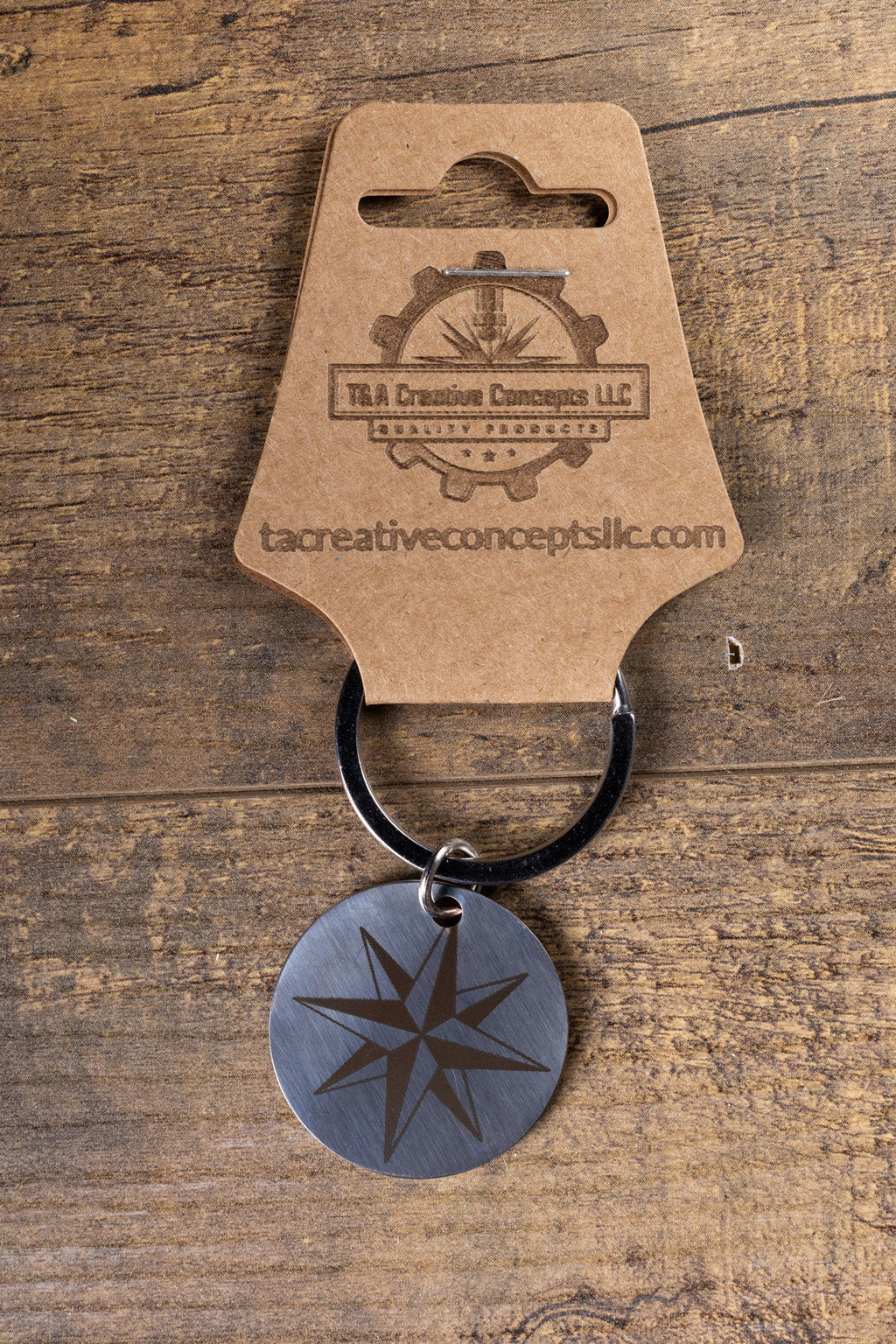 Polished stainless steel nautical star keychain | laser engraved metal | same image both sides | durable gift