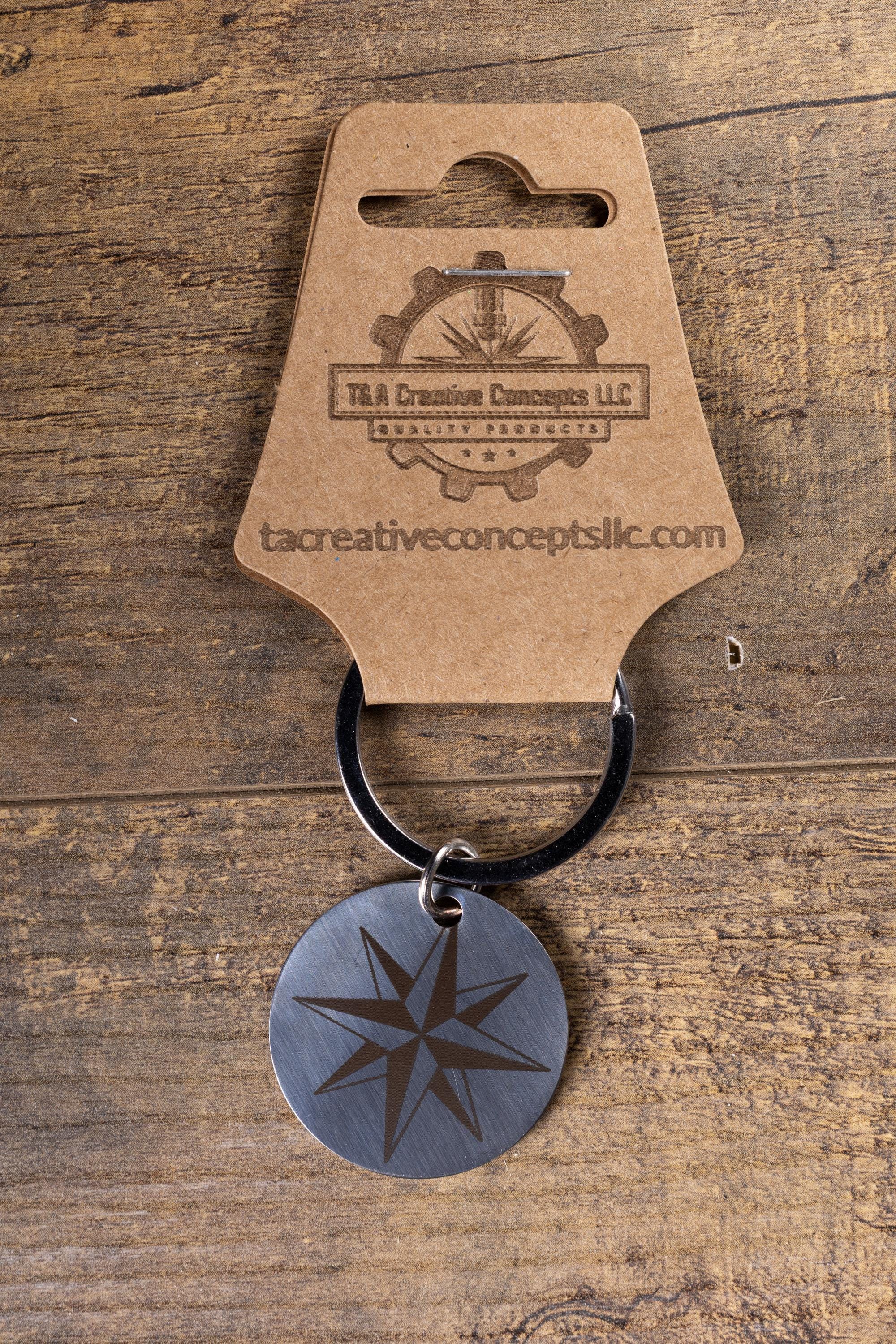 Polished stainless steel nautical star keychain | laser engraved metal | same image both sides | durable gift
