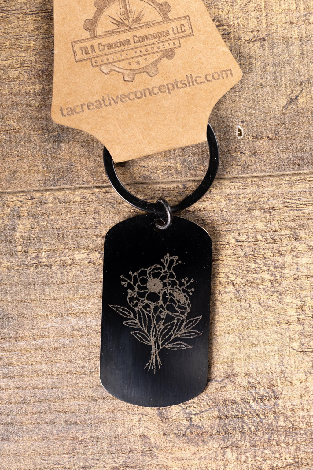 Black stainless steel floral bunch keychain | laser engraved metal | same image both sides | elegant durable gift