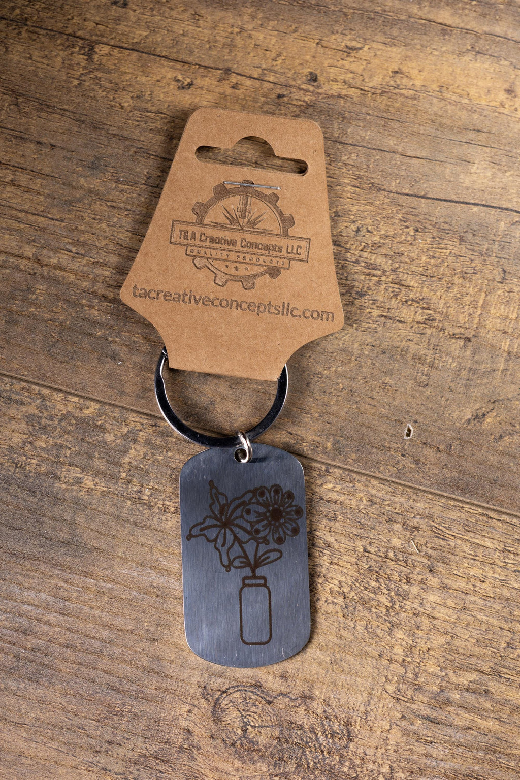 Polished stainless steel flowers in a vase keychain | laser engraved both sides | floral gift | elegant durable key ring