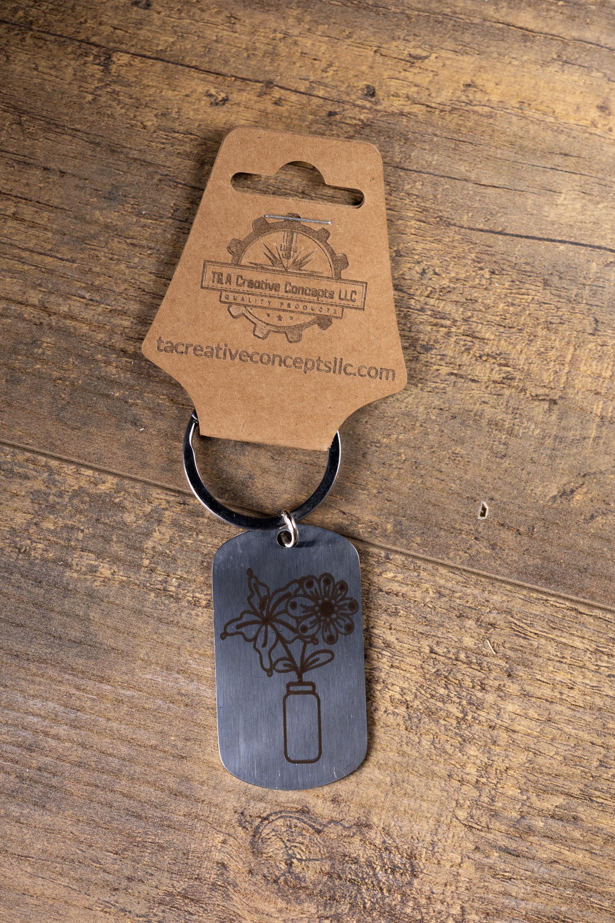 Polished stainless steel flowers in a vase keychain | laser engraved both sides | floral gift | elegant durable key ring