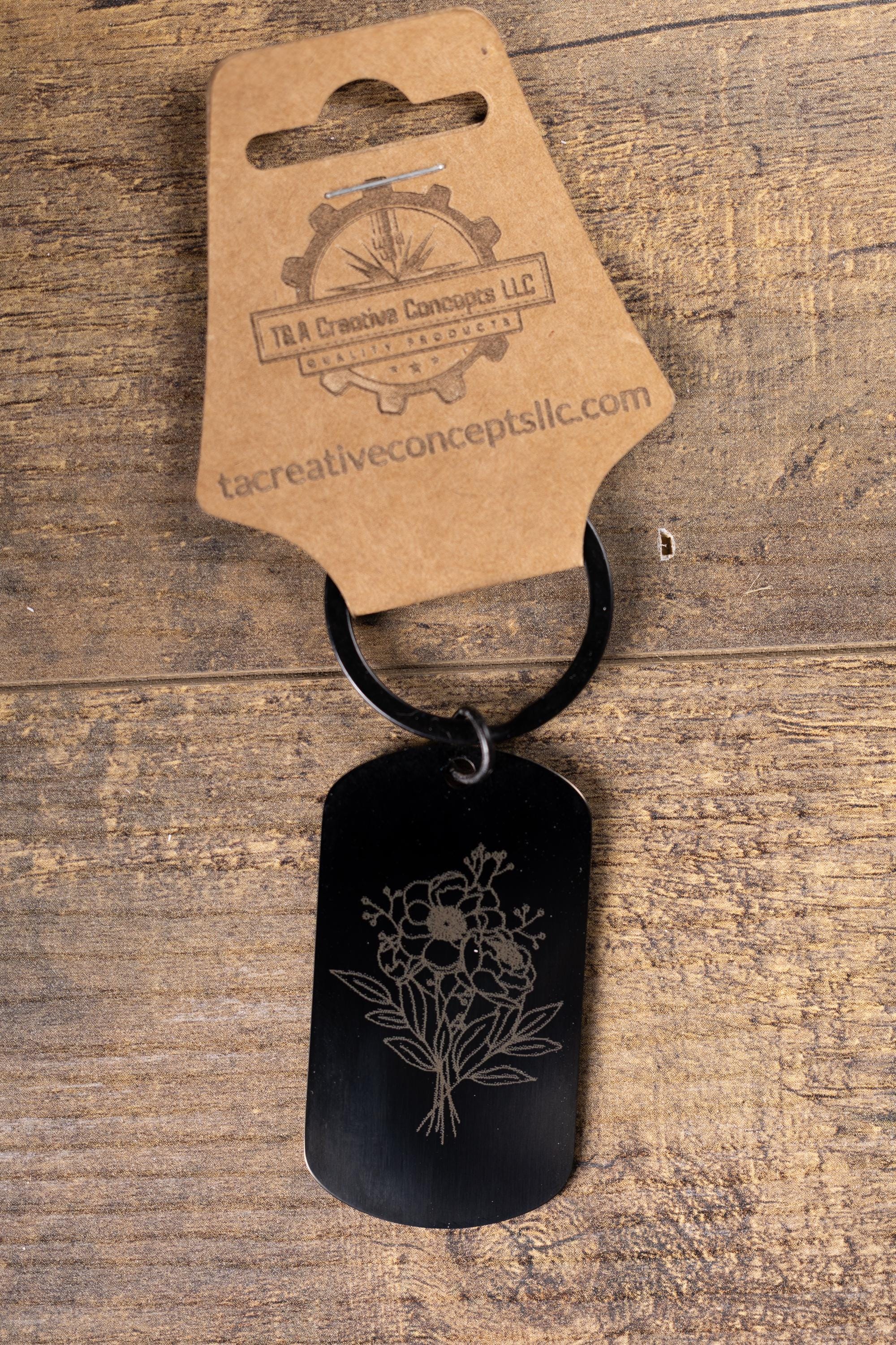 Black stainless steel floral bunch keychain | laser engraved metal | same image both sides | elegant durable gift