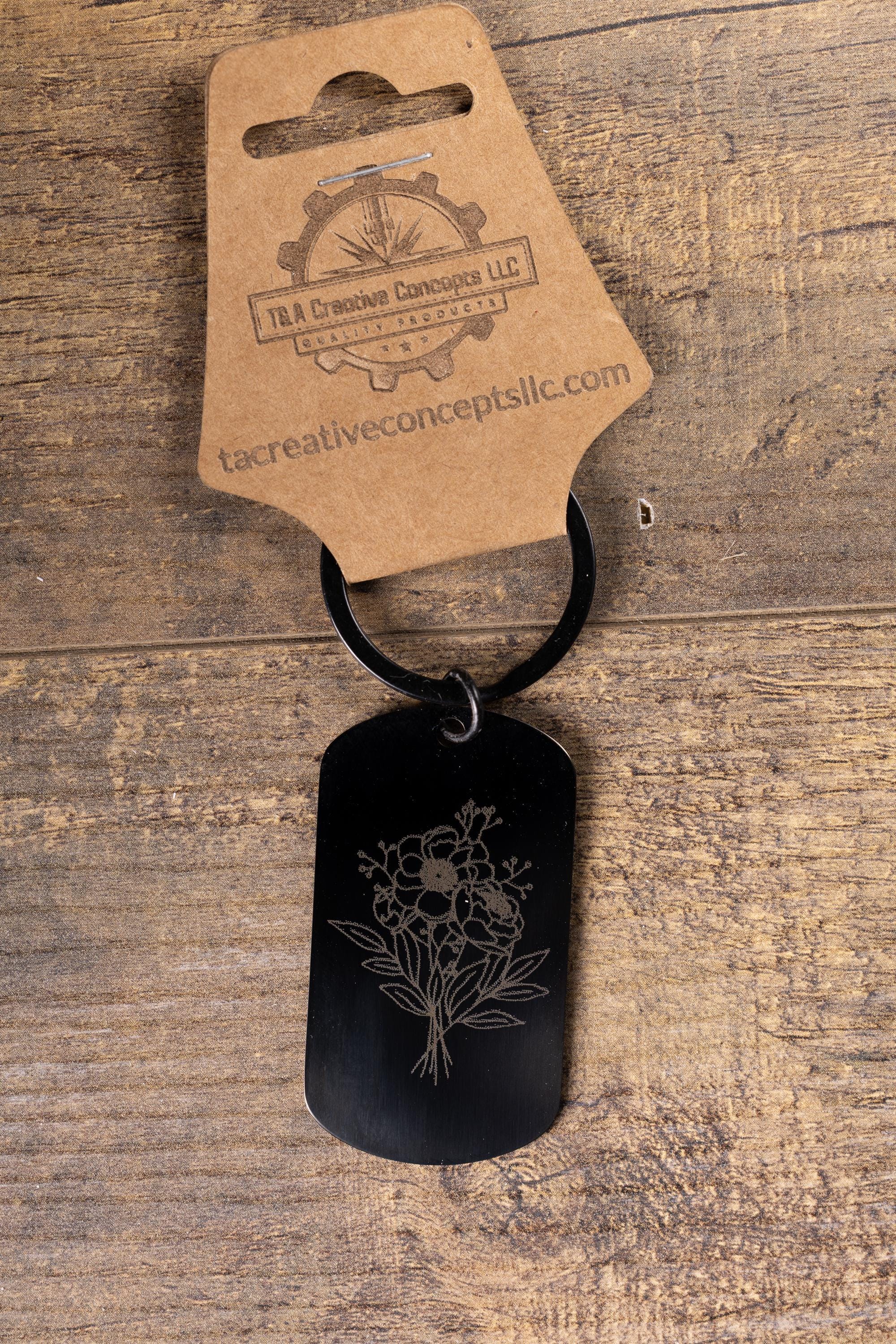 Black stainless steel floral bunch keychain | laser engraved metal | same image both sides | elegant durable gift