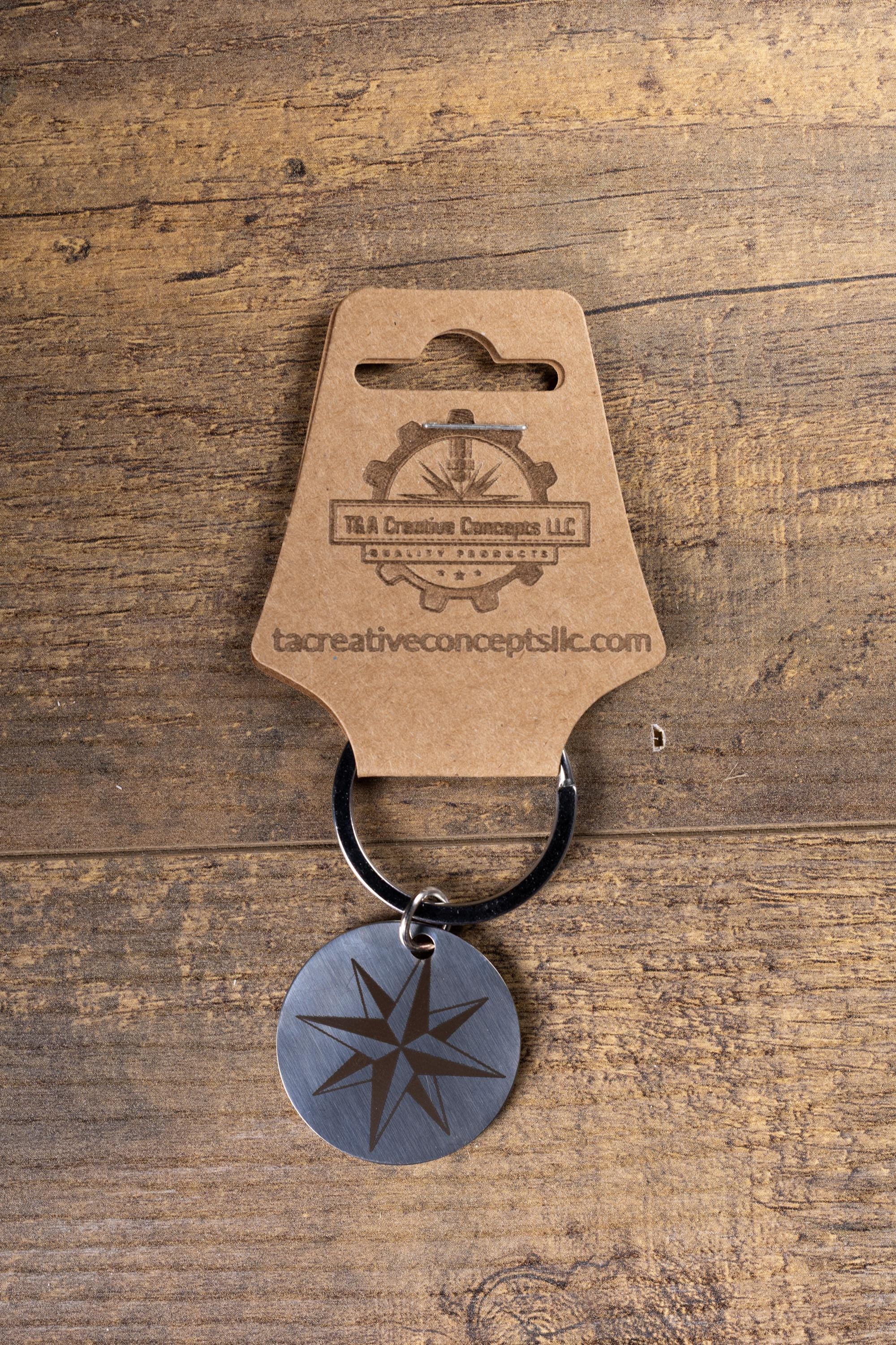 Polished stainless steel nautical star keychain | laser engraved metal | same image both sides | durable gift