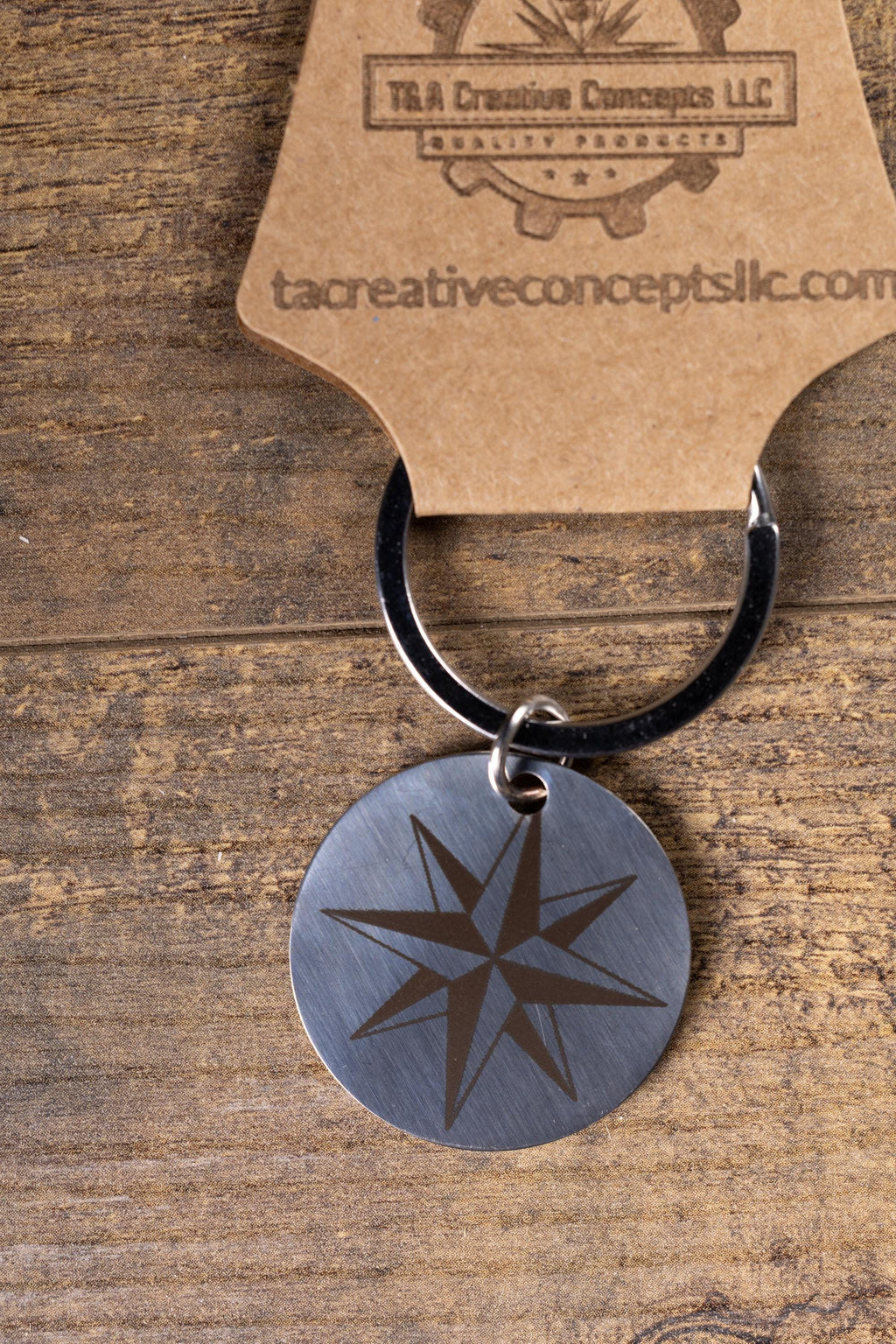 Polished stainless steel nautical star keychain | laser engraved metal | same image both sides | durable gift