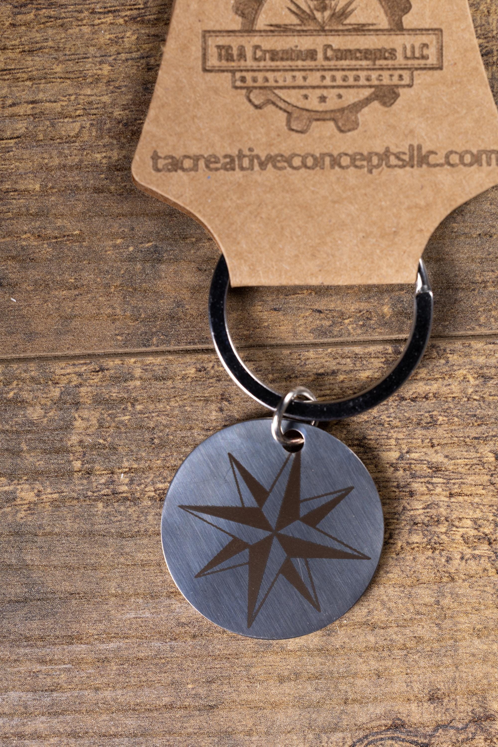 Polished stainless steel nautical star keychain | laser engraved metal | same image both sides | durable gift