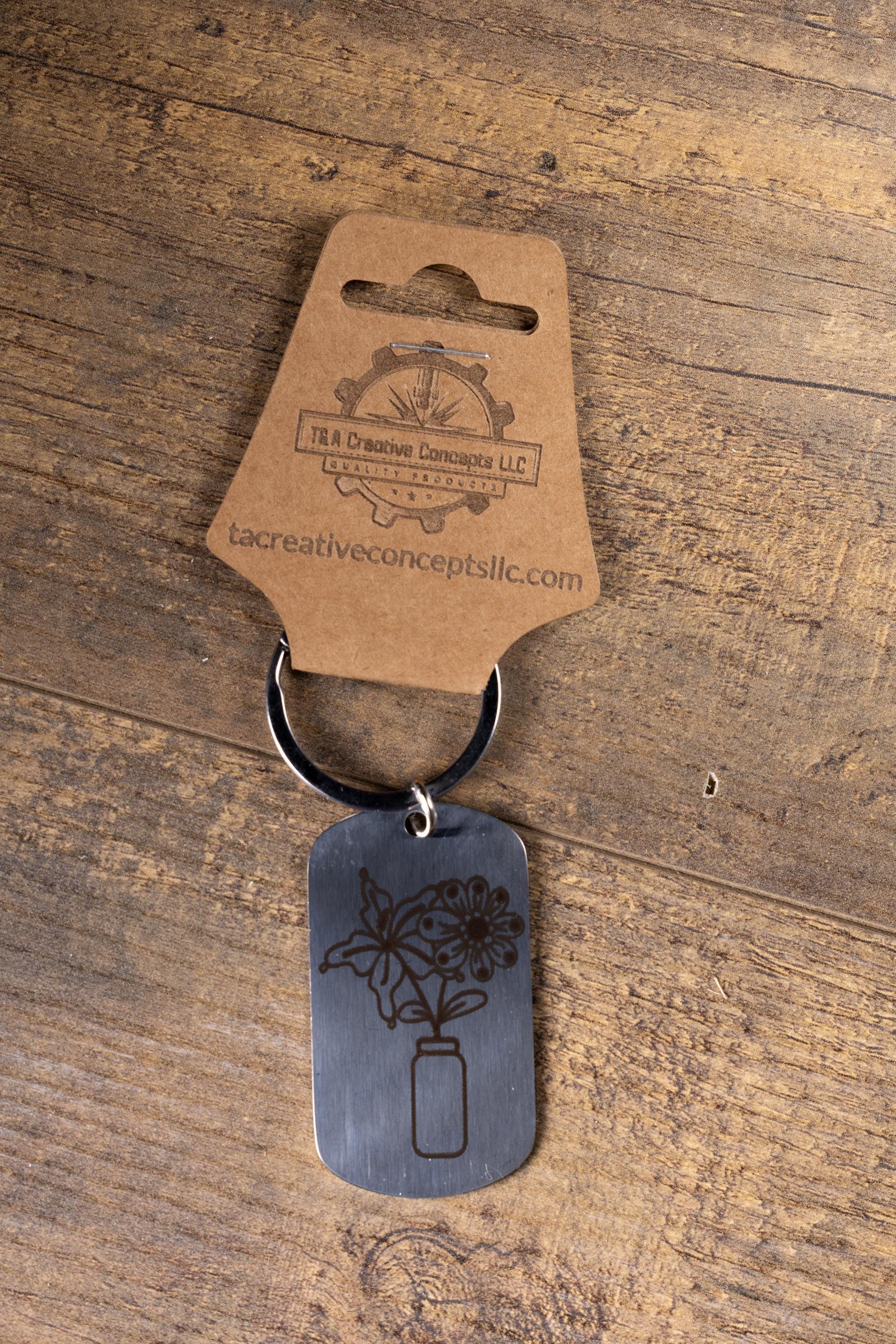 Polished stainless steel flowers in a vase keychain | laser engraved both sides | floral gift | elegant durable key ring