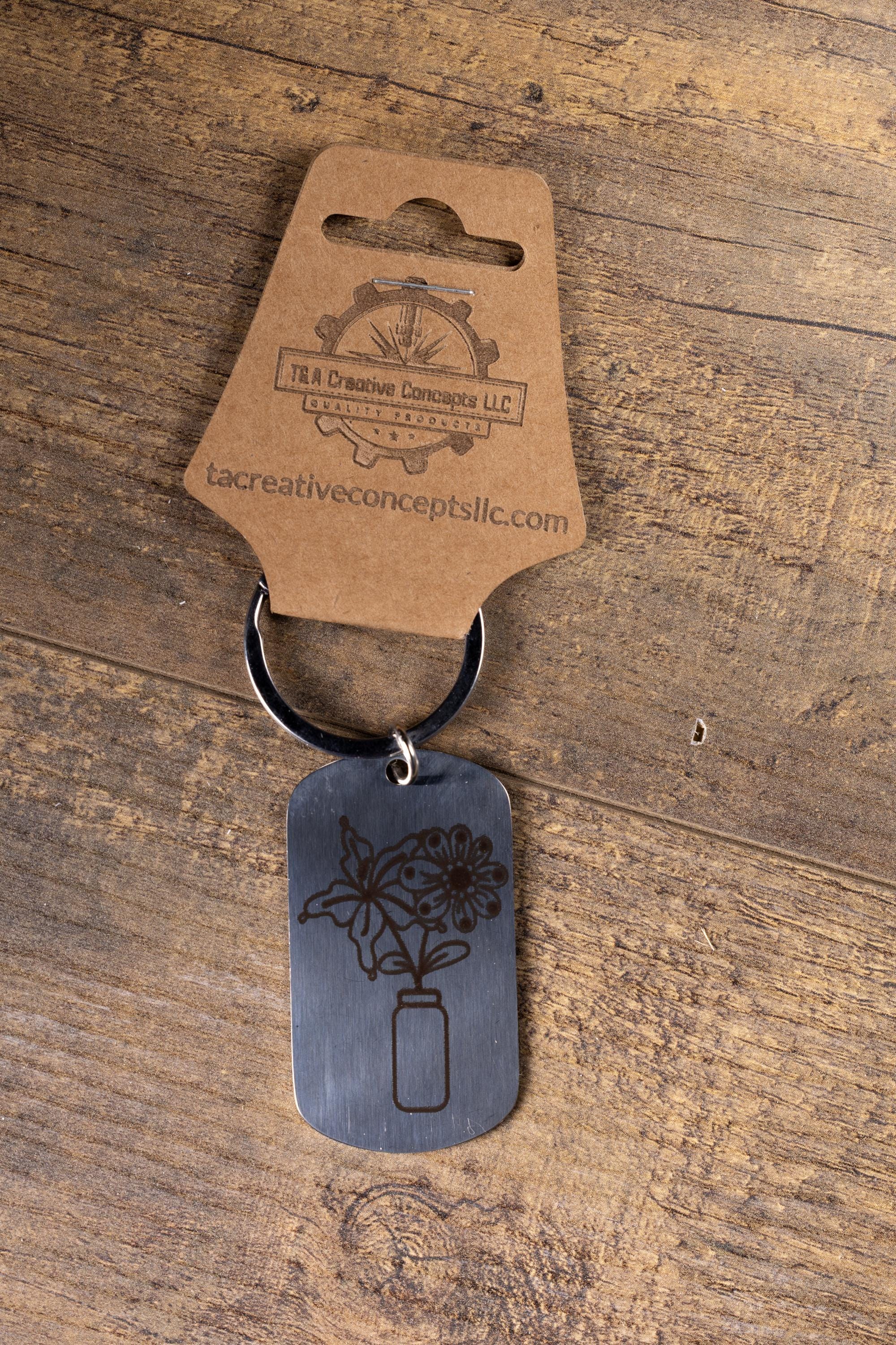 Polished stainless steel flowers in a vase keychain | laser engraved both sides | floral gift | elegant durable key ring