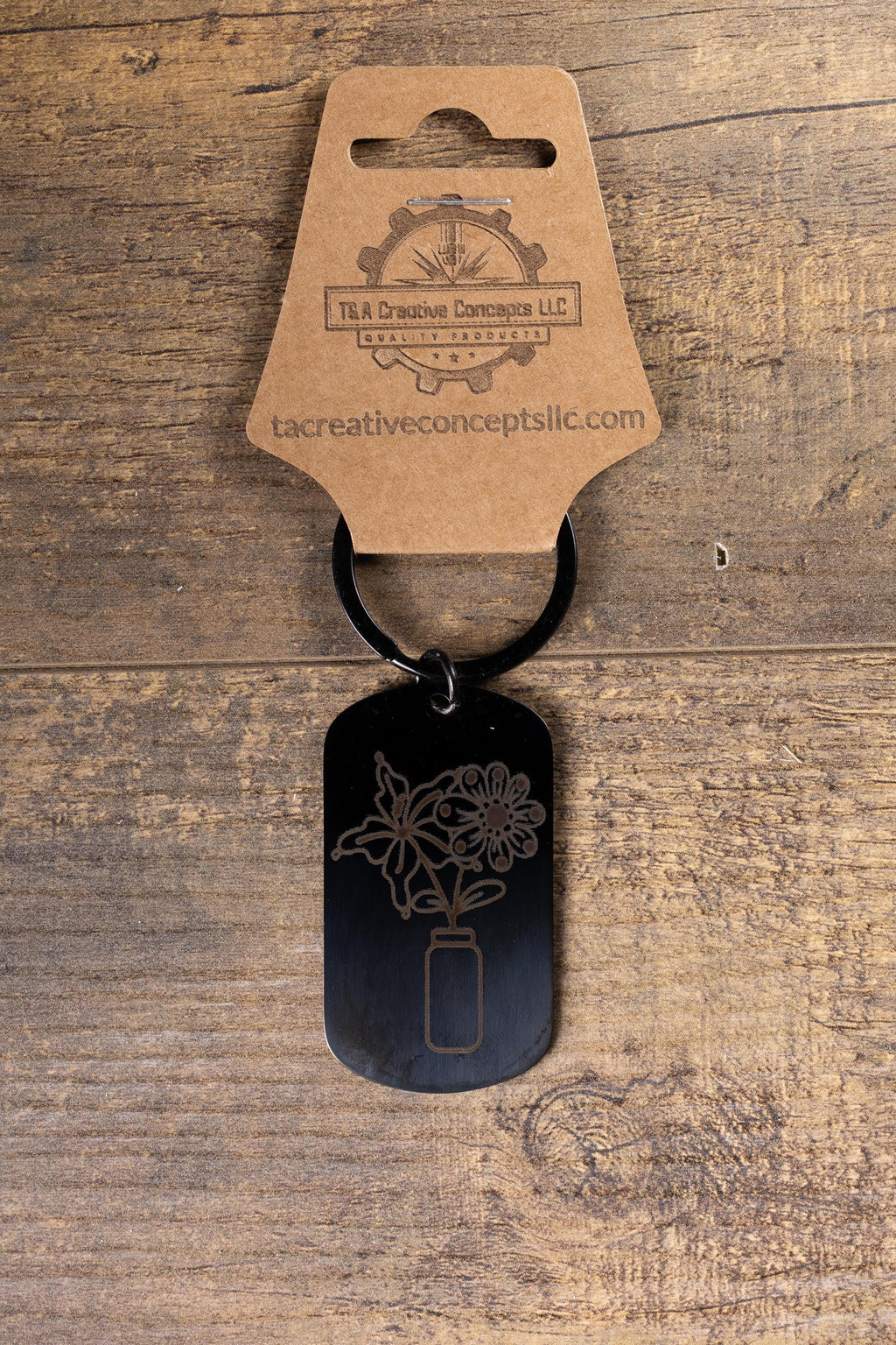 Black stainless steel flowers in a vase keychain | laser engraved both sides | floral gift | elegant durable key ring