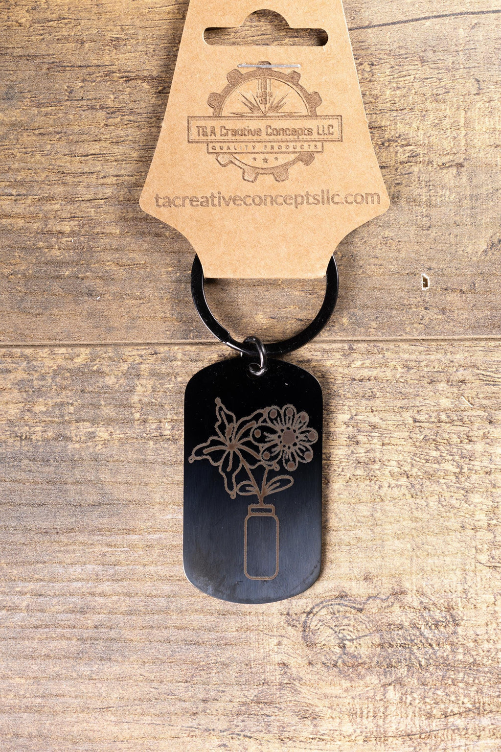 Black stainless steel flowers in a vase keychain | laser engraved both sides | floral gift | elegant durable key ring