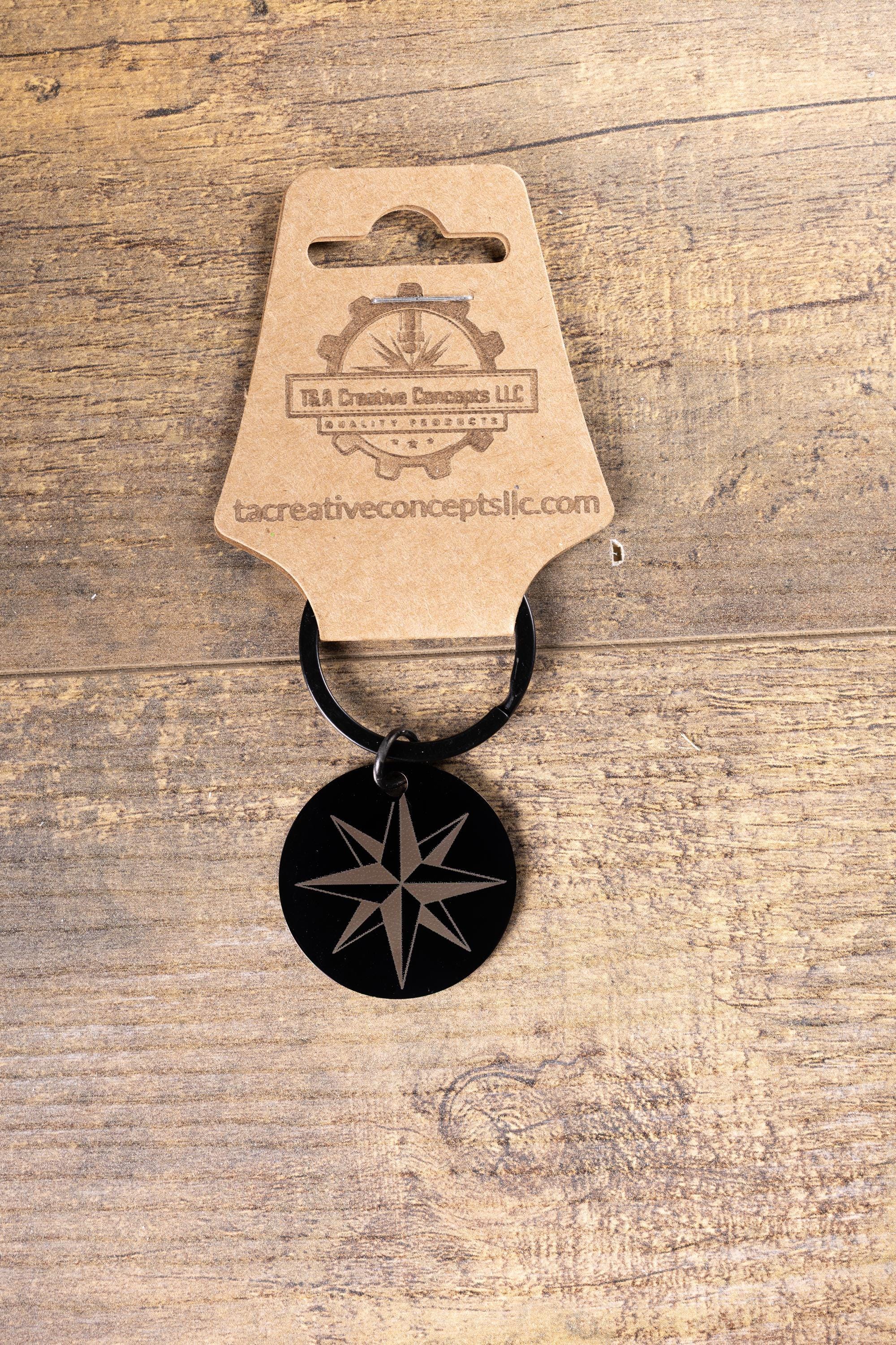 Black stainless steel nautical star keychain | laser engraved both sides | compass star gift