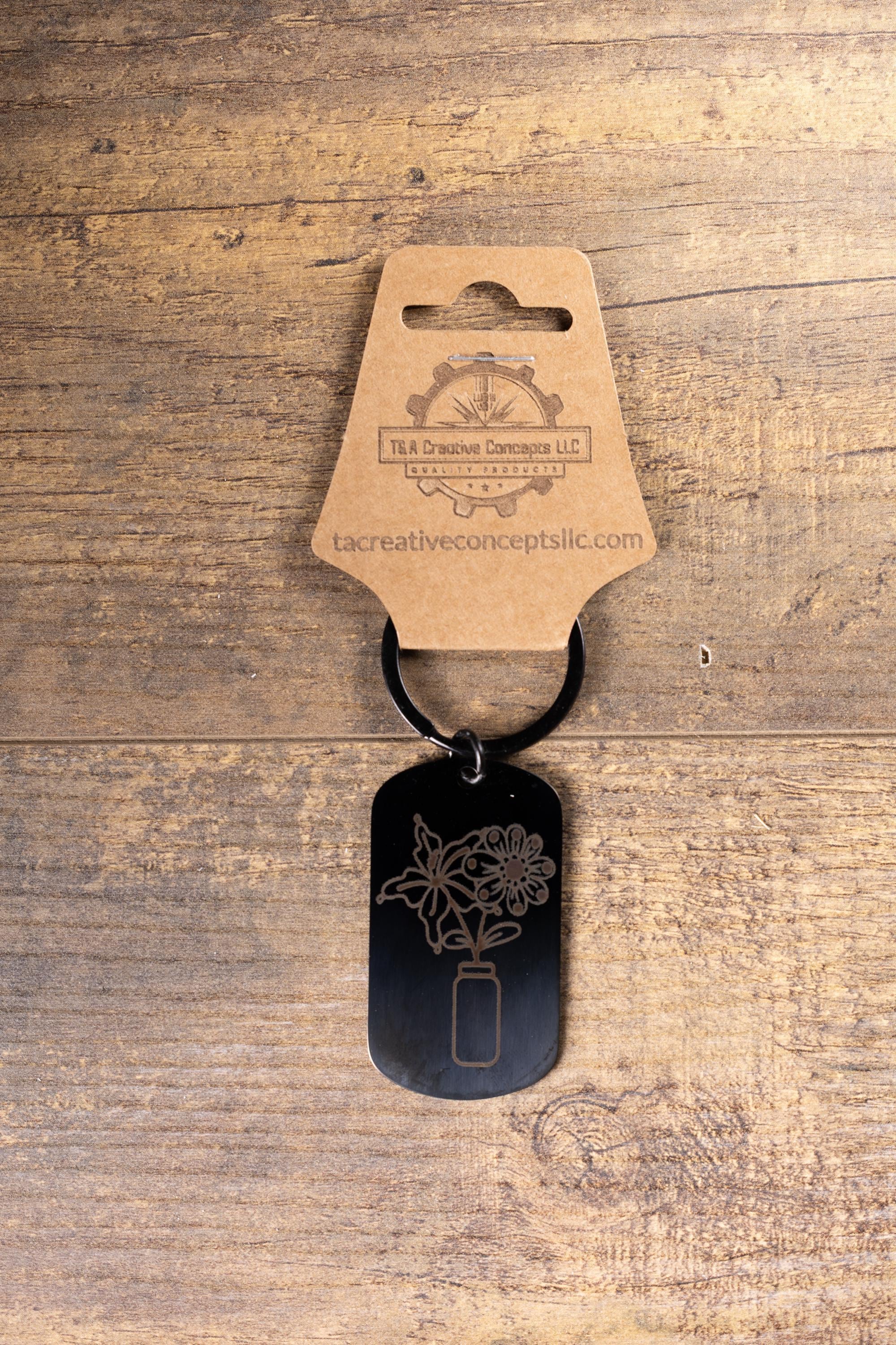 Black stainless steel flowers in a vase keychain | laser engraved both sides | floral gift | elegant durable key ring