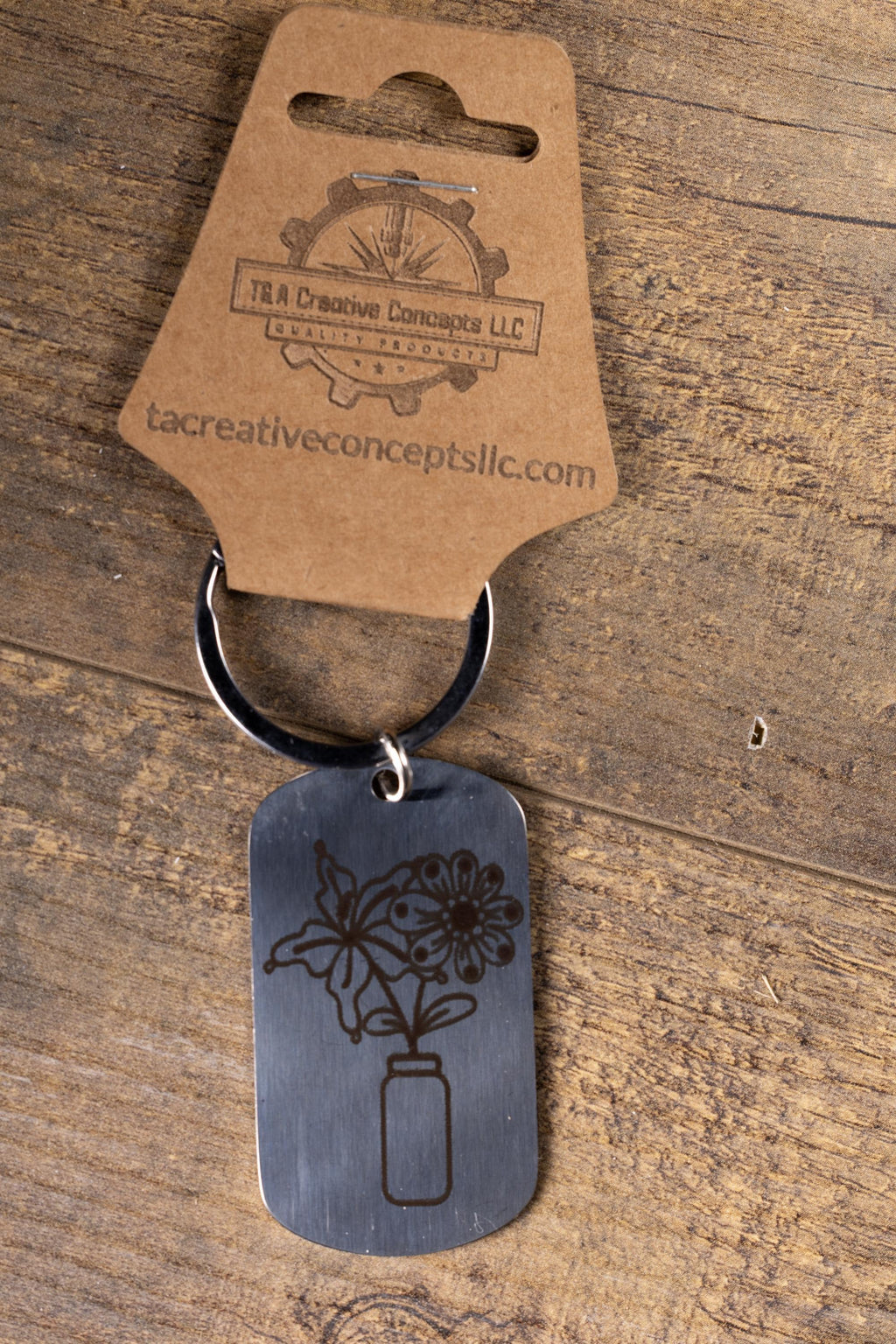 Polished stainless steel flowers in a vase keychain | laser engraved both sides | floral gift | elegant durable key ring