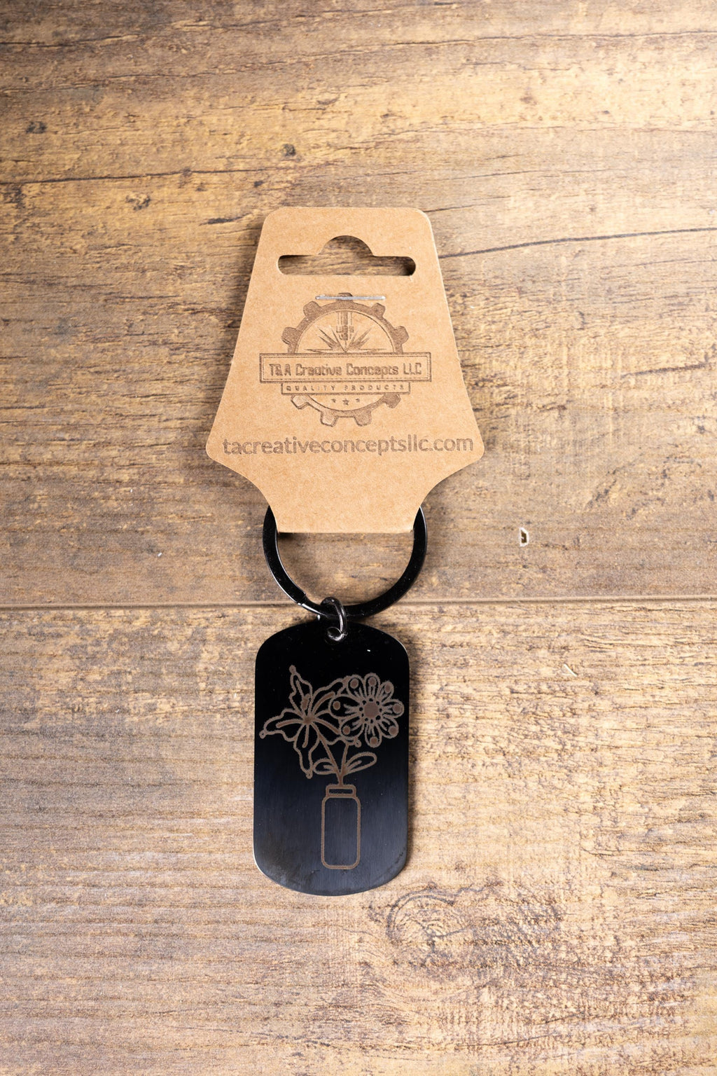 Black stainless steel flowers in a vase keychain | laser engraved both sides | floral gift | elegant durable key ring