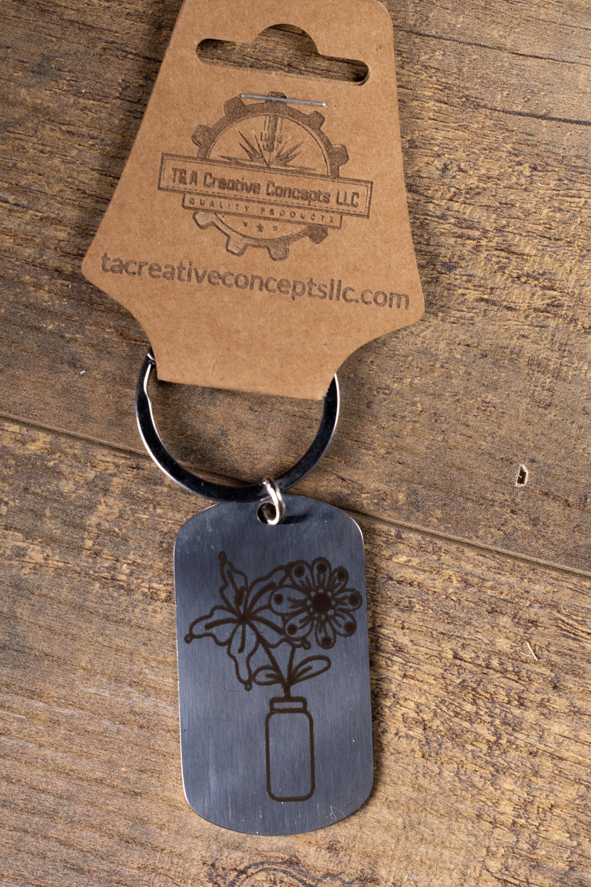Polished stainless steel flowers in a vase keychain | laser engraved both sides | floral gift | elegant durable key ring