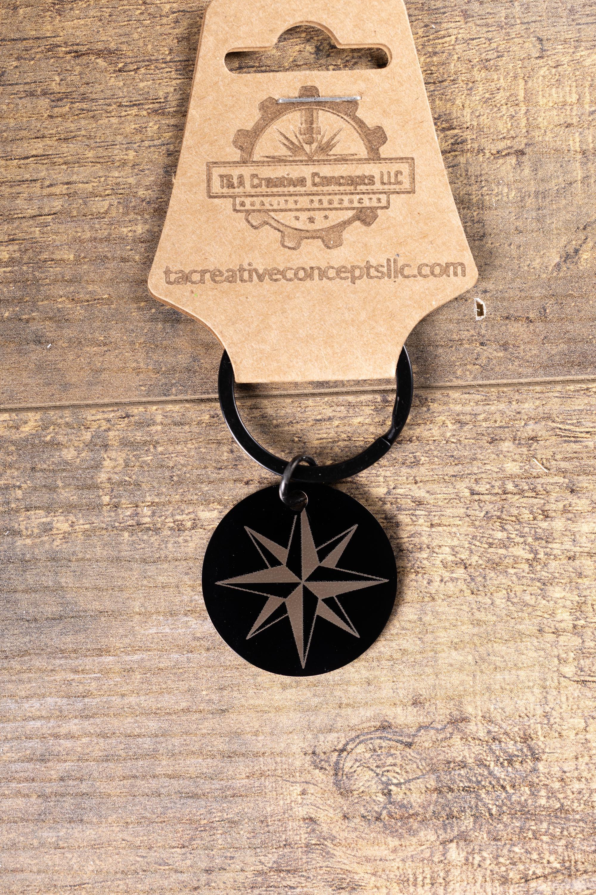Black stainless steel nautical star keychain | laser engraved both sides | compass star gift