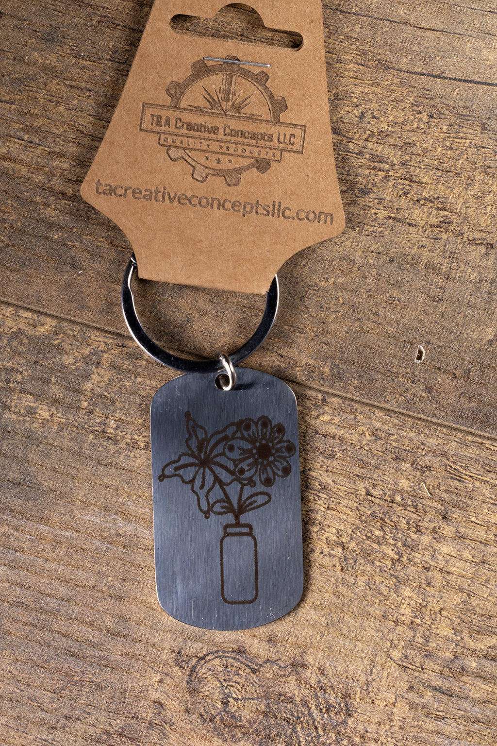 Polished stainless steel flowers in a vase keychain | laser engraved both sides | floral gift | elegant durable key ring