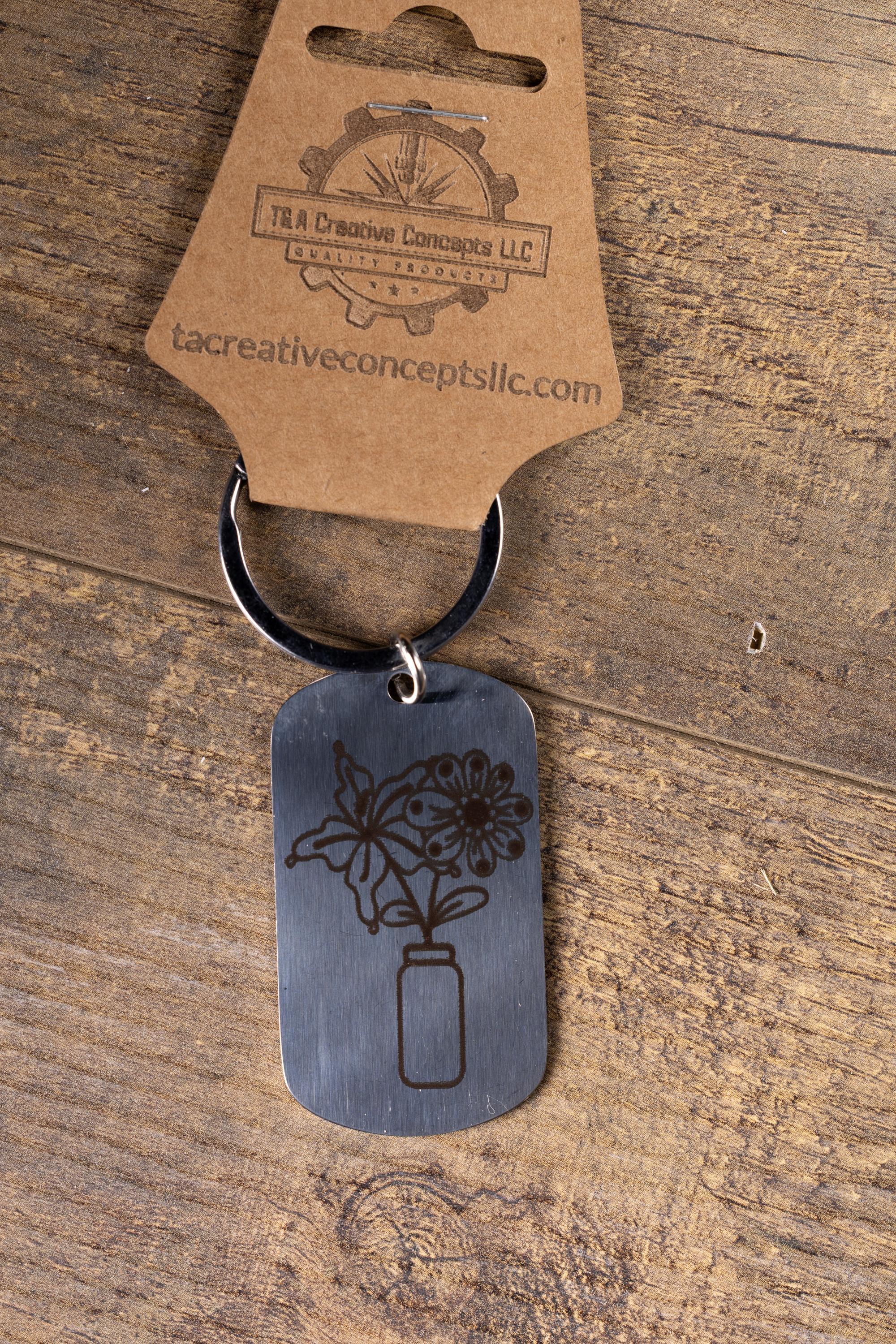 Polished stainless steel flowers in a vase keychain | laser engraved both sides | floral gift | elegant durable key ring