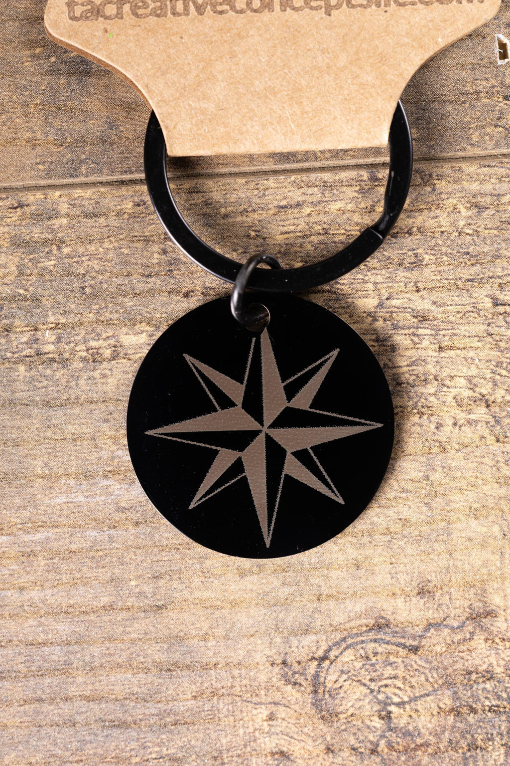 Black stainless steel nautical star keychain | laser engraved both sides | compass star gift
