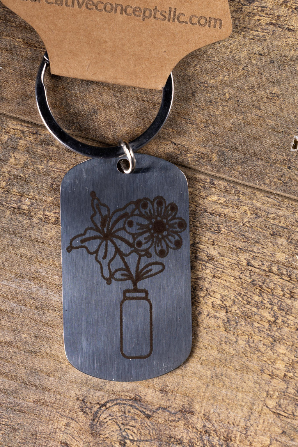 Polished stainless steel flowers in a vase keychain | laser engraved both sides | floral gift | elegant durable key ring