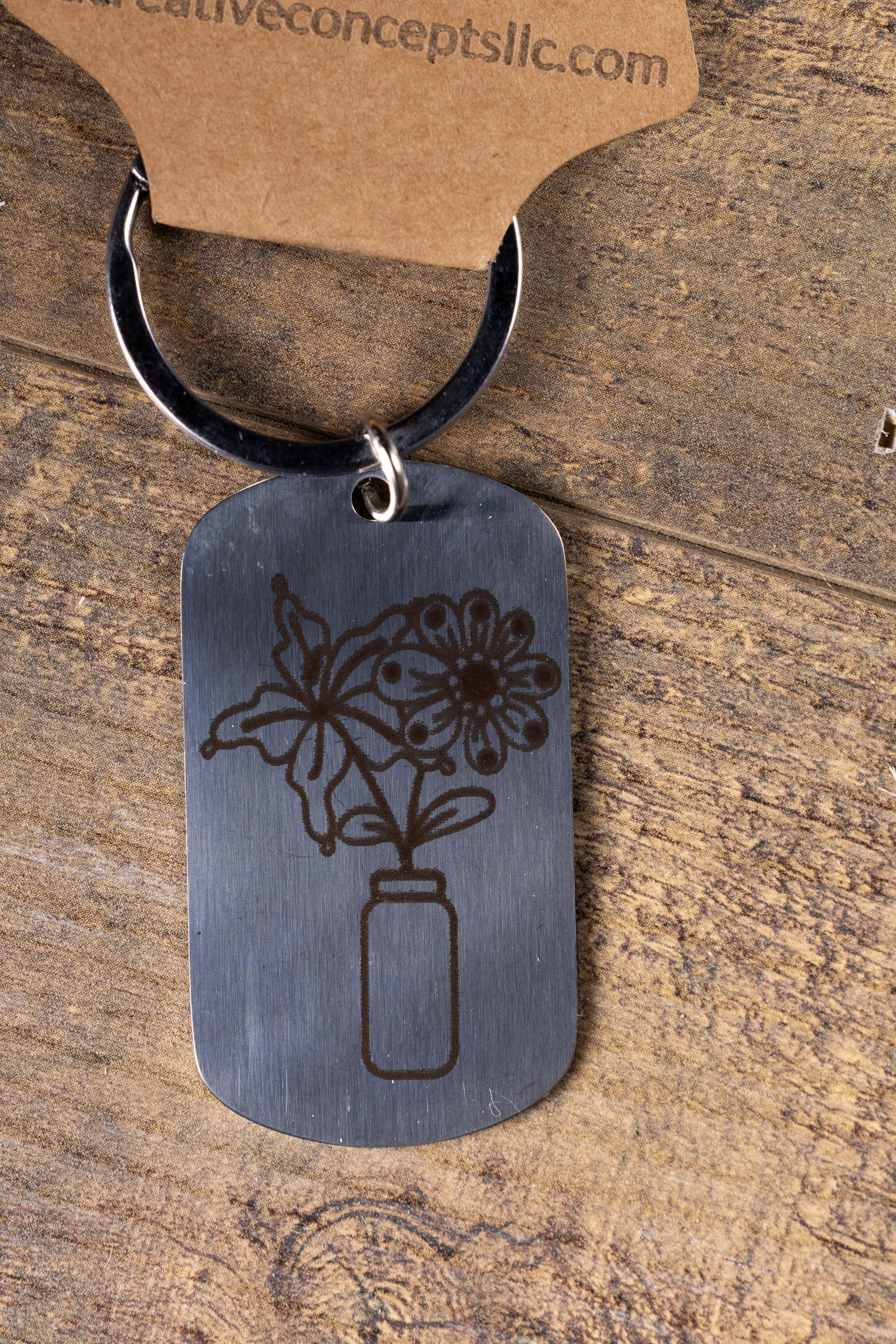 Polished stainless steel flowers in a vase keychain | laser engraved both sides | floral gift | elegant durable key ring