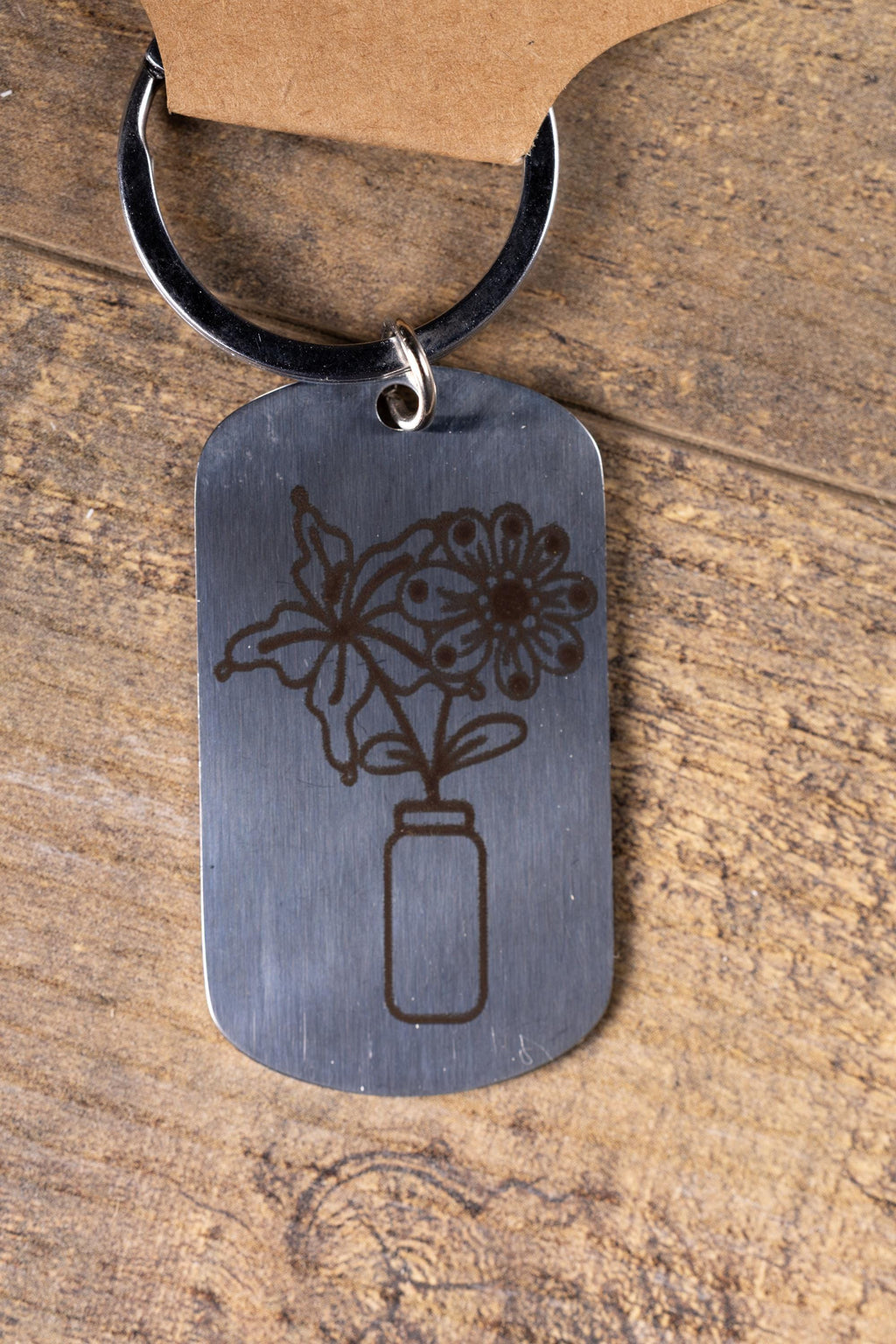 Polished stainless steel flowers in a vase keychain | laser engraved both sides | floral gift | elegant durable key ring