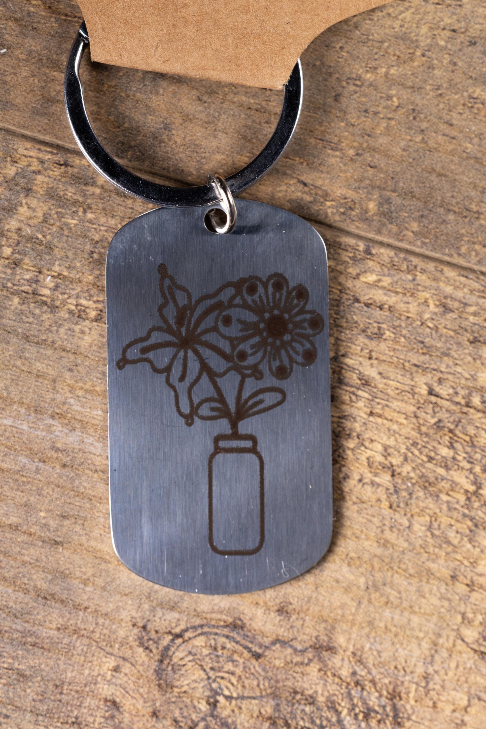 Polished stainless steel flowers in a vase keychain | laser engraved both sides | floral gift | elegant durable key ring