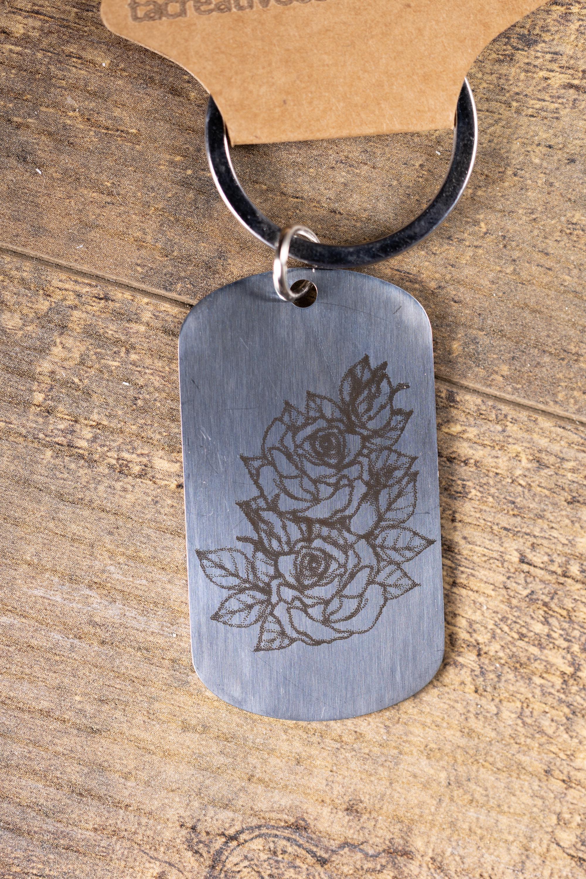 Polished stainless steel roses keychain | laser engraved both sides | floral gift | elegant durable key ring